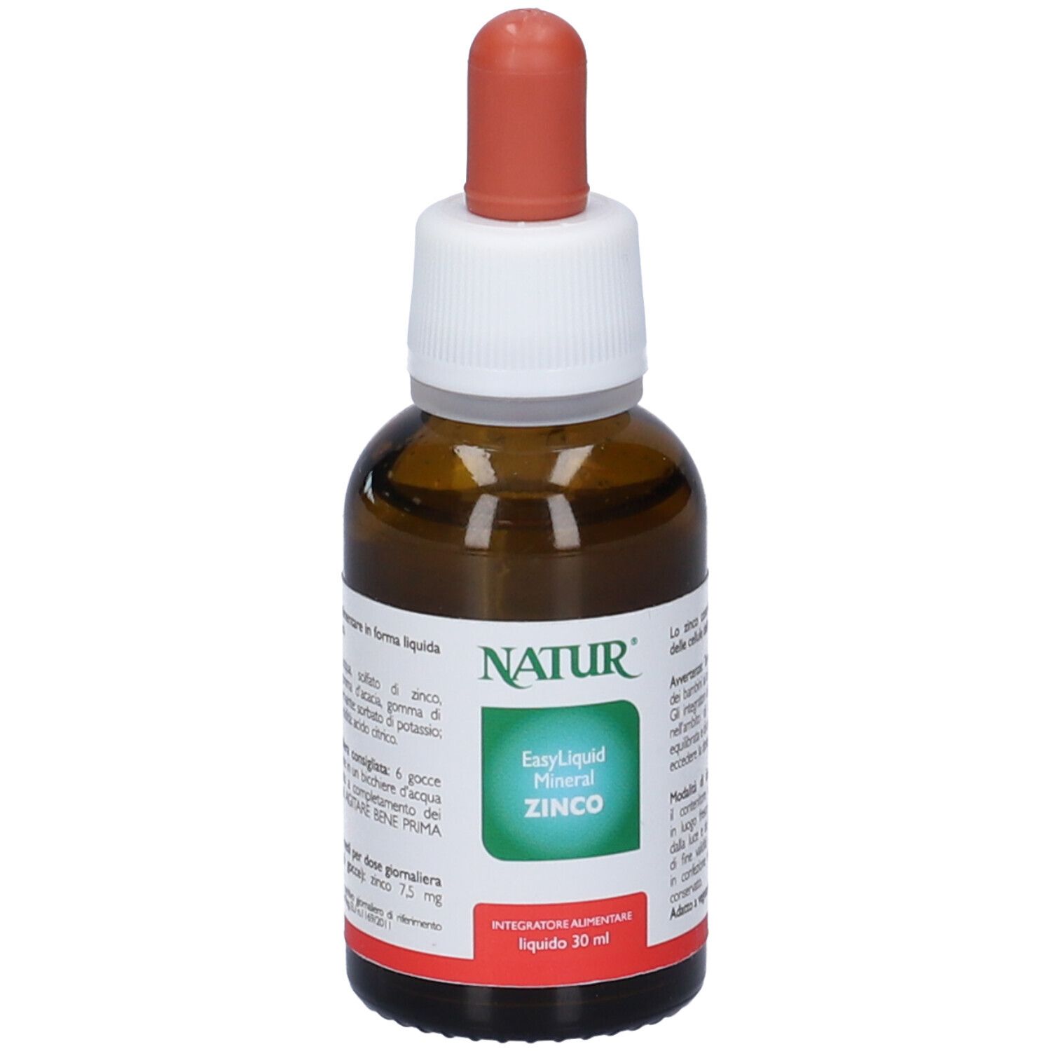 Flacone di vetro marrone con tappo bianco e contagocce rosso. Scritta: Natur, Easy Liquid Mineral Zinco, 30 ml.