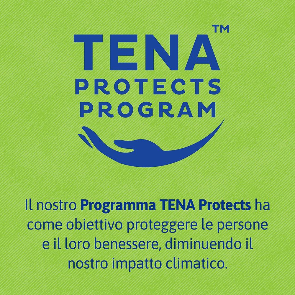 Logo del programma Tena Protects. Impronta di mano blu su sfondo verde. Testo in italiano.