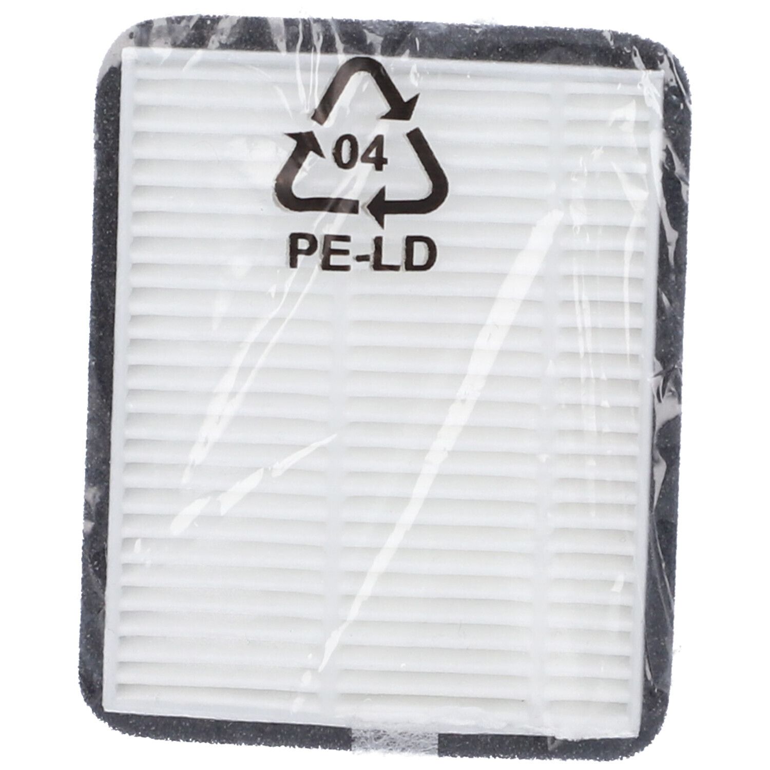 Filtro per sterilizzatore, confezionato in pellicola. Elemento bianco rettangolare a griglia. Con simbolo di riciclaggio.