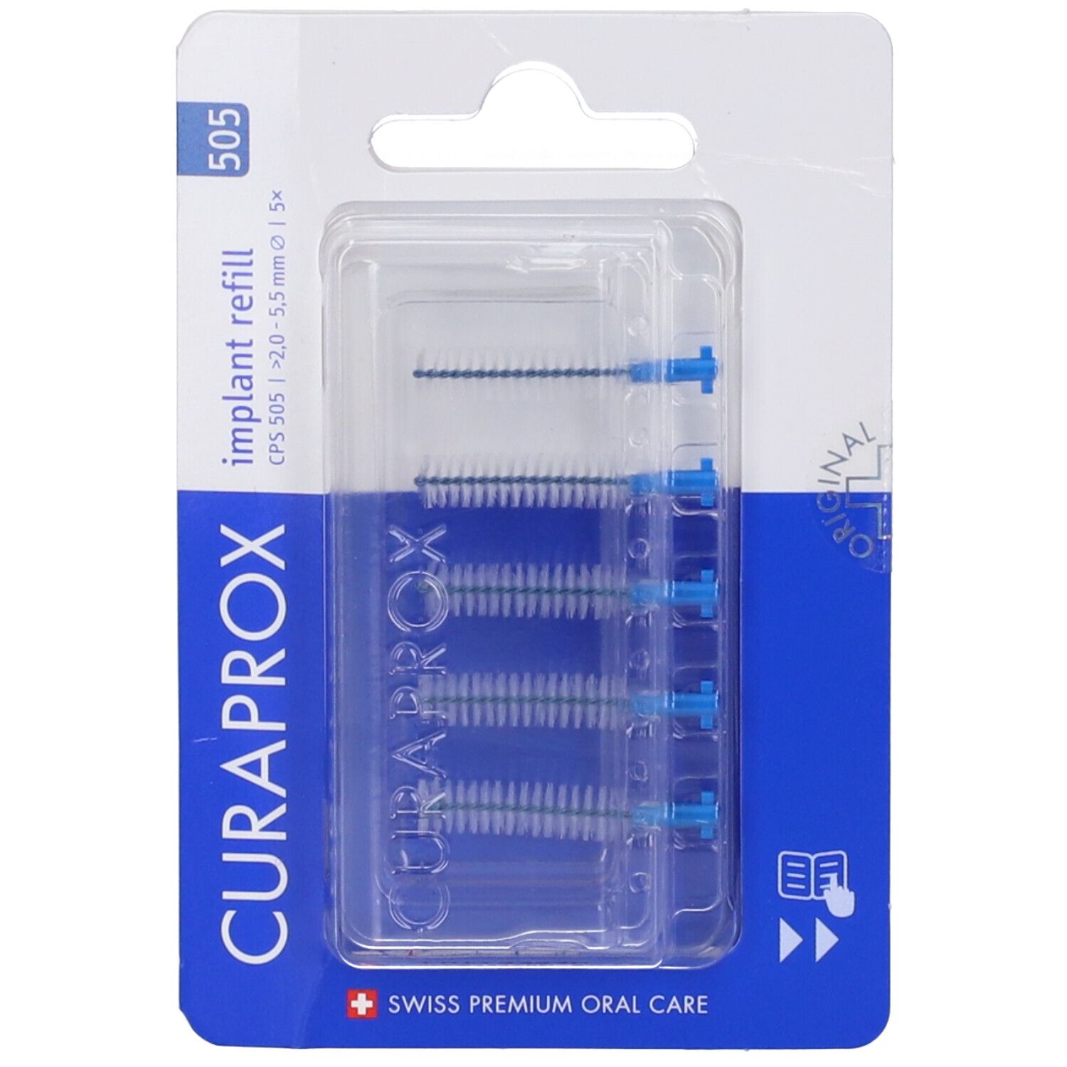 Confezione blister con ricariche per impianti blu. Logo CURAPROX e denominazione "505". Cura orale svizzera premium.