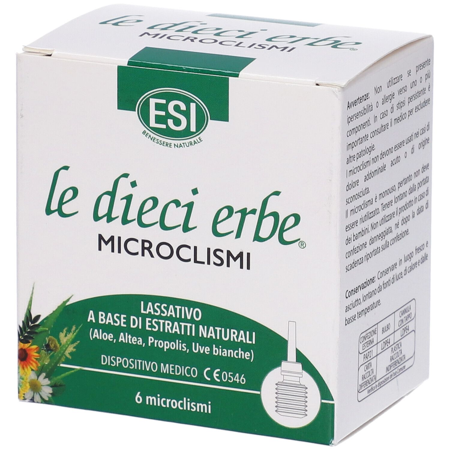 Scatola bianca con nome e logo del prodotto. Contiene 6 microclismi. Dispositivo medico con marchio CE.