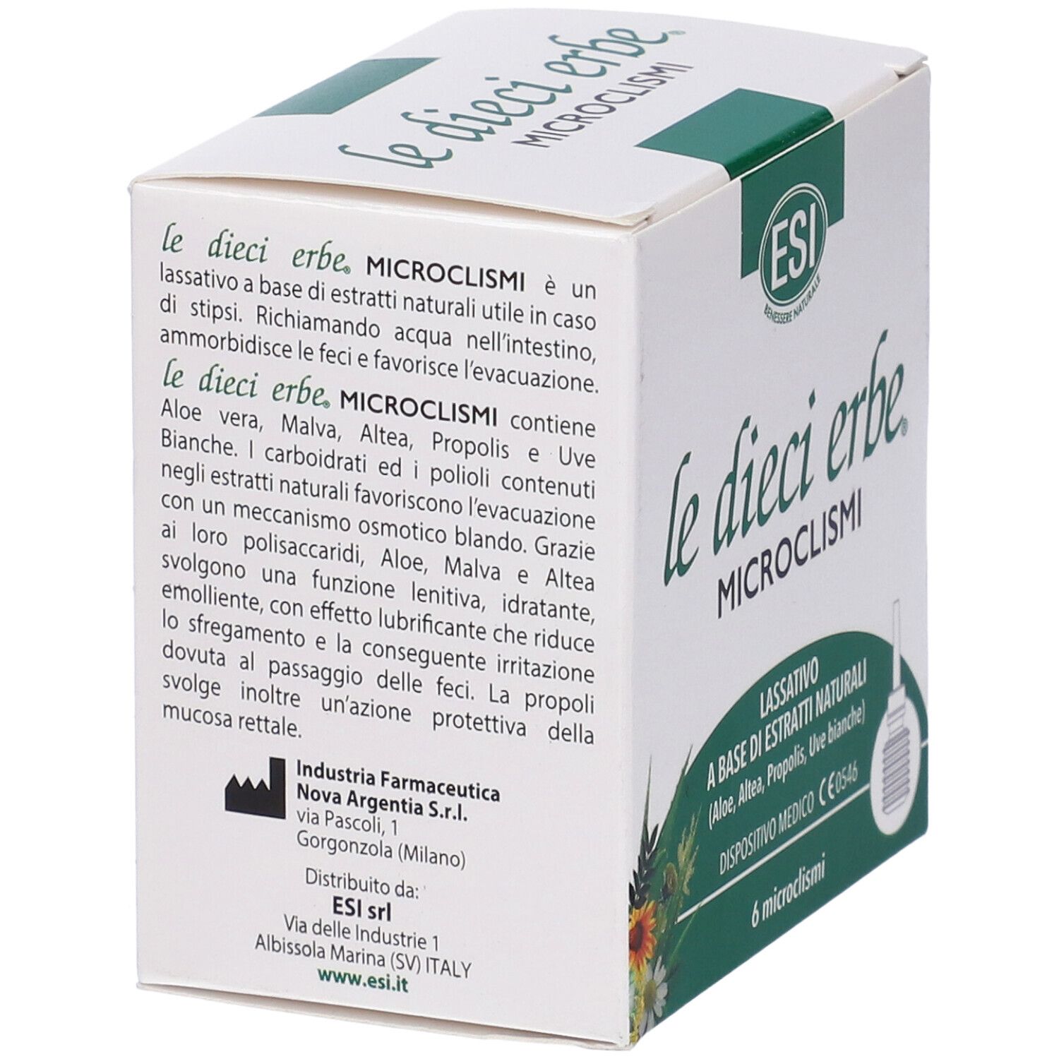 Scatola bianca con nome e logo del prodotto. Contiene 6 microclismi. Dispositivo medico con marchio CE.