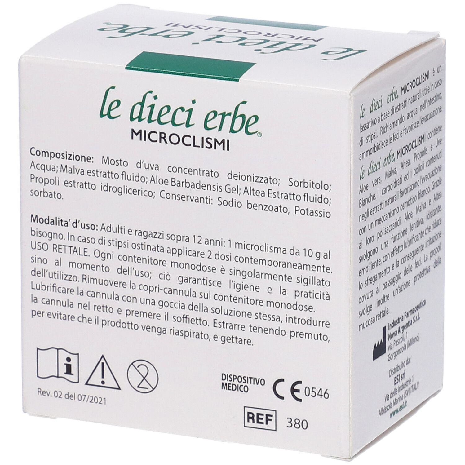 Scatola bianca con nome e logo del prodotto. Contiene 6 microclismi. Dispositivo medico con marchio CE.