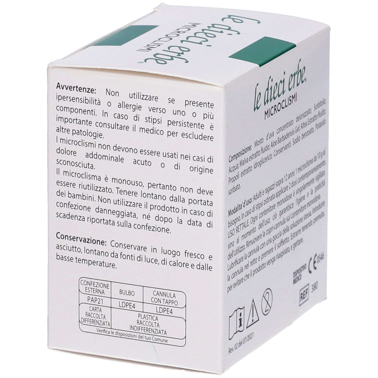 Scatola bianca con nome e logo del prodotto. Contiene 6 microclismi. Dispositivo medico con marchio CE.