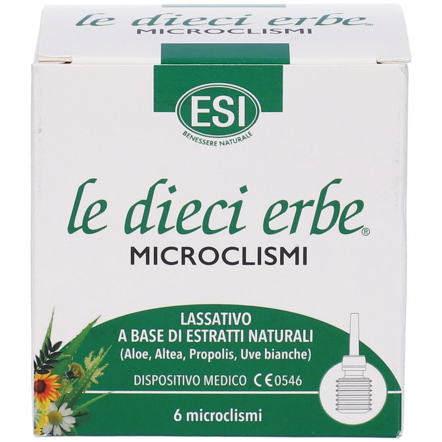 Scatola bianca con nome e logo del prodotto. Contiene 6 microclismi. Dispositivo medico con marchio CE.