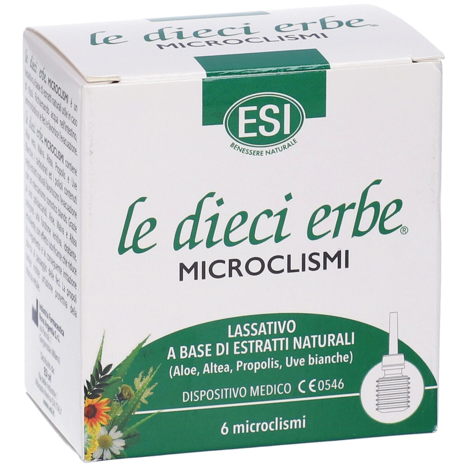 Scatola bianca con nome e logo del prodotto. Contiene 6 microclismi. Dispositivo medico con marchio CE.
