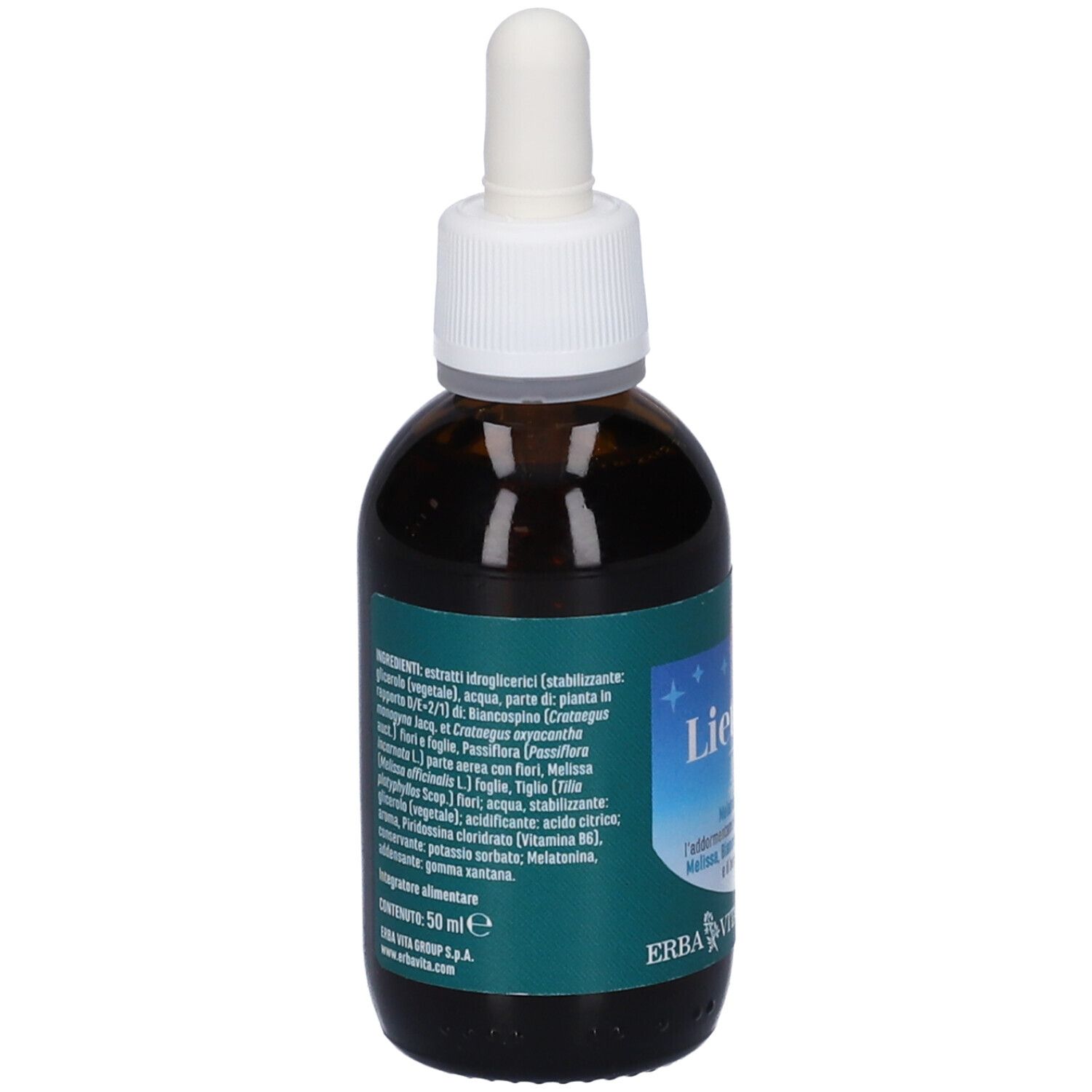 Flacone di vetro marrone con contagocce bianco. Etichetta con ingredienti e marchio Erba Vita. Contenuto: 50 ml.