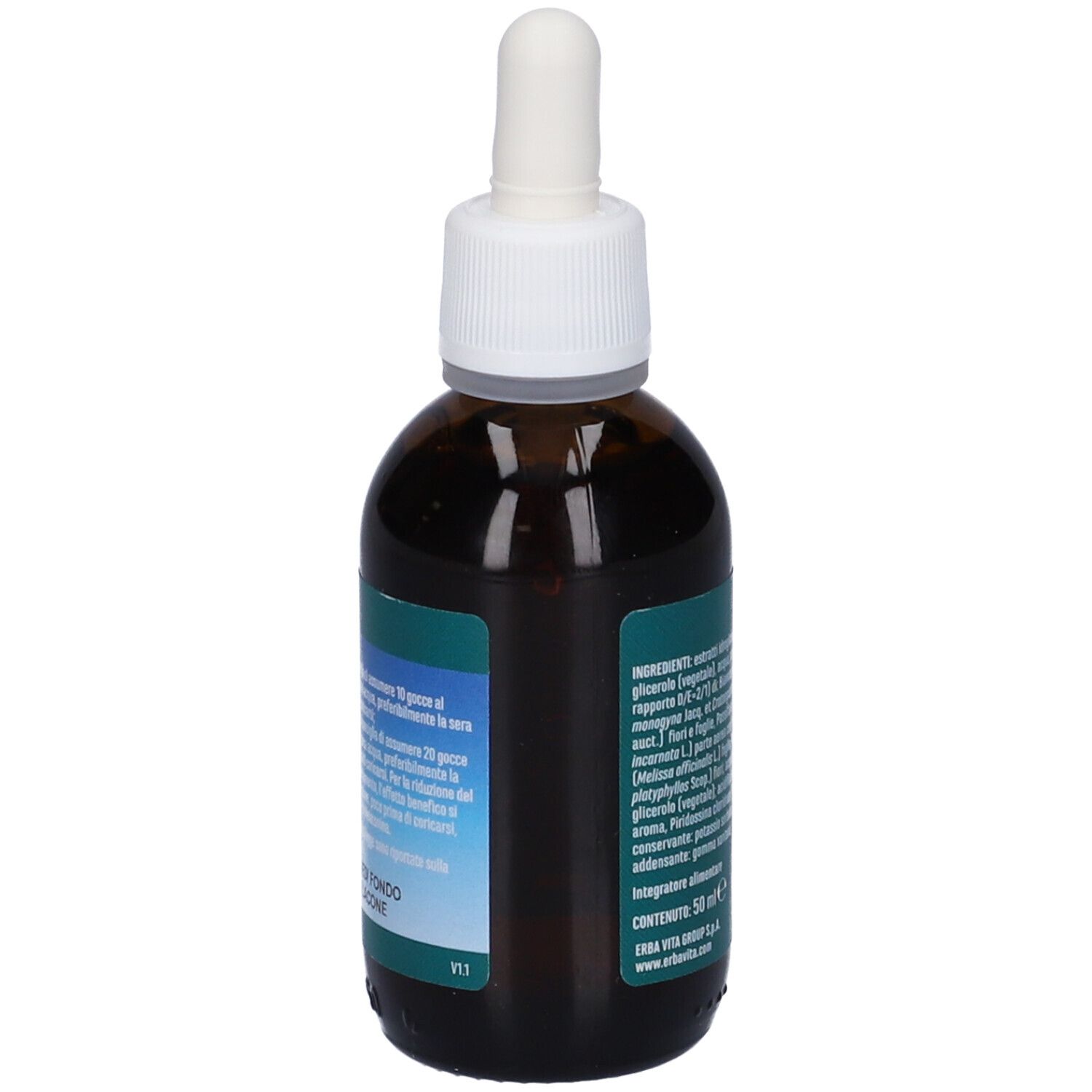 Flacone di vetro marrone con contagocce bianco. Etichetta con ingredienti e marchio Erba Vita. Contenuto: 50 ml.