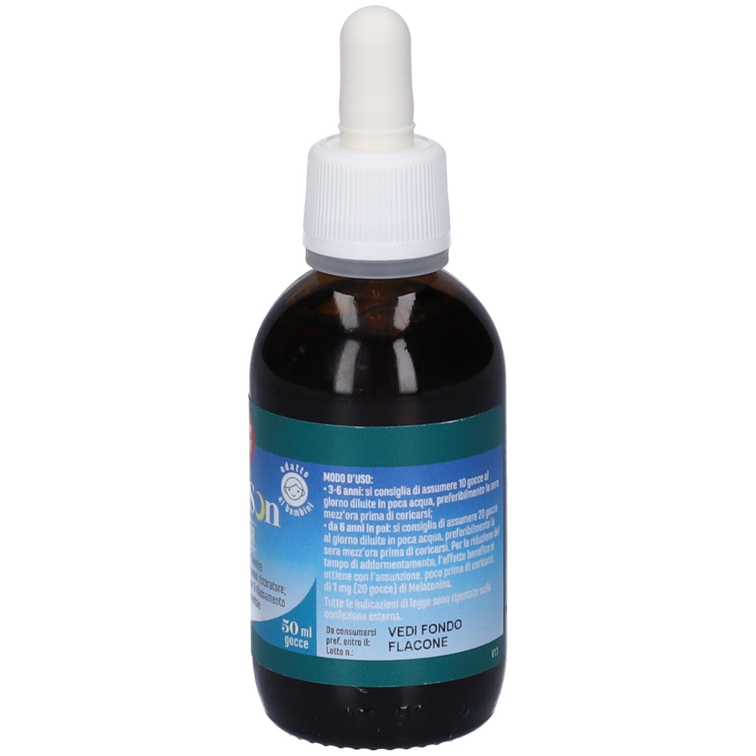 Flacone di vetro marrone con contagocce bianco. Etichetta con istruzioni per l'uso e marchio Erba Vita. Contenuto: 50 ml.