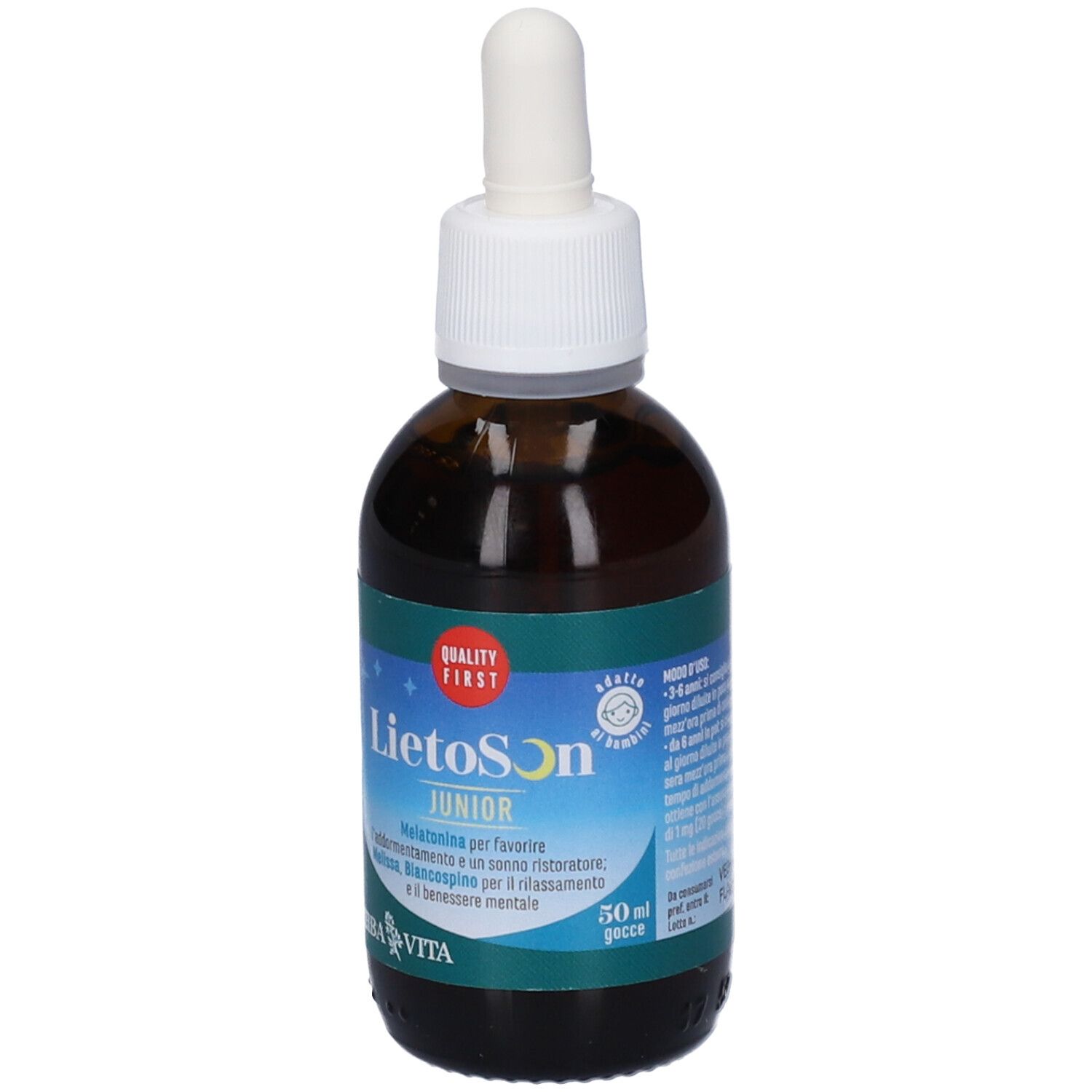 Flacone di vetro marrone con contagocce bianco. Etichetta con LietoSon Junior, marchio Erba Vita. Contenuto: 50 ml.