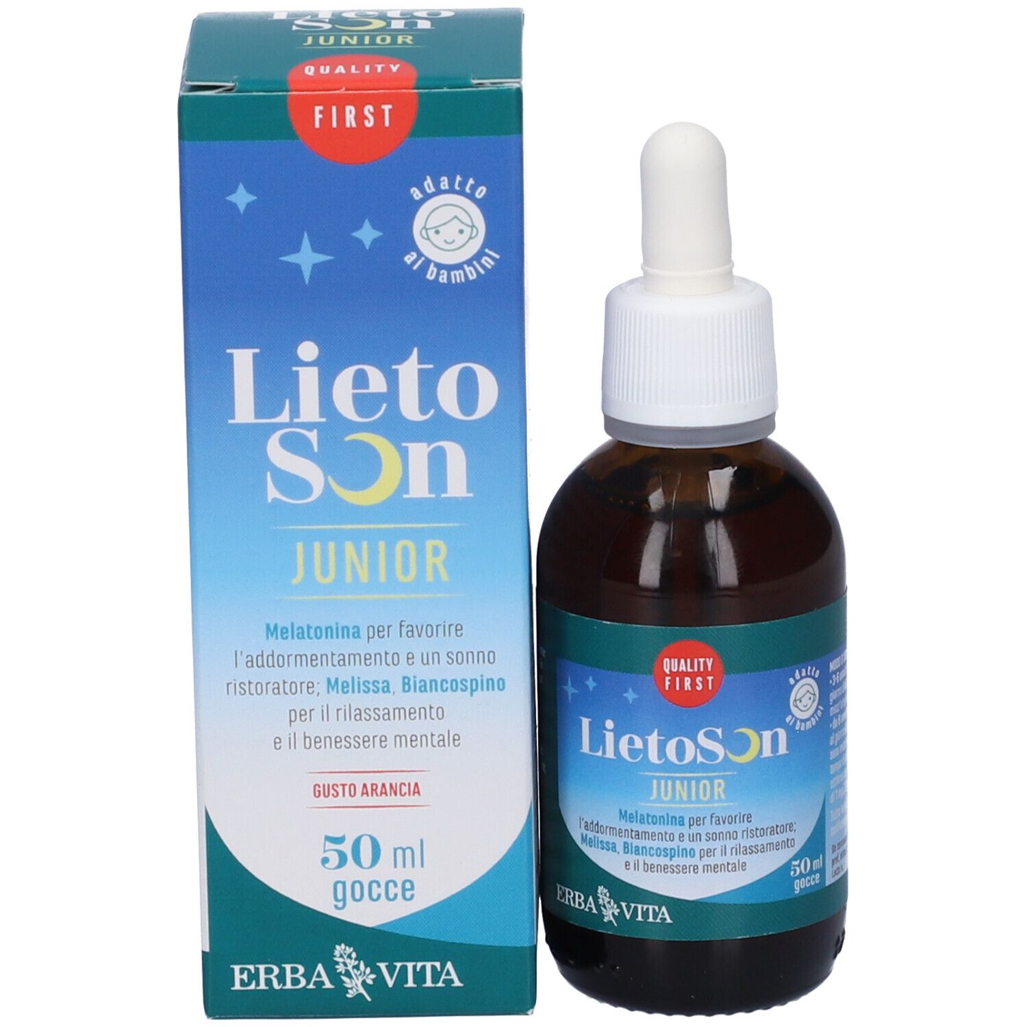 Flacone e confezione del prodotto. LietoSon Junior, marchio Erba Vita. Flacone con contagocce. Confezione con testo.