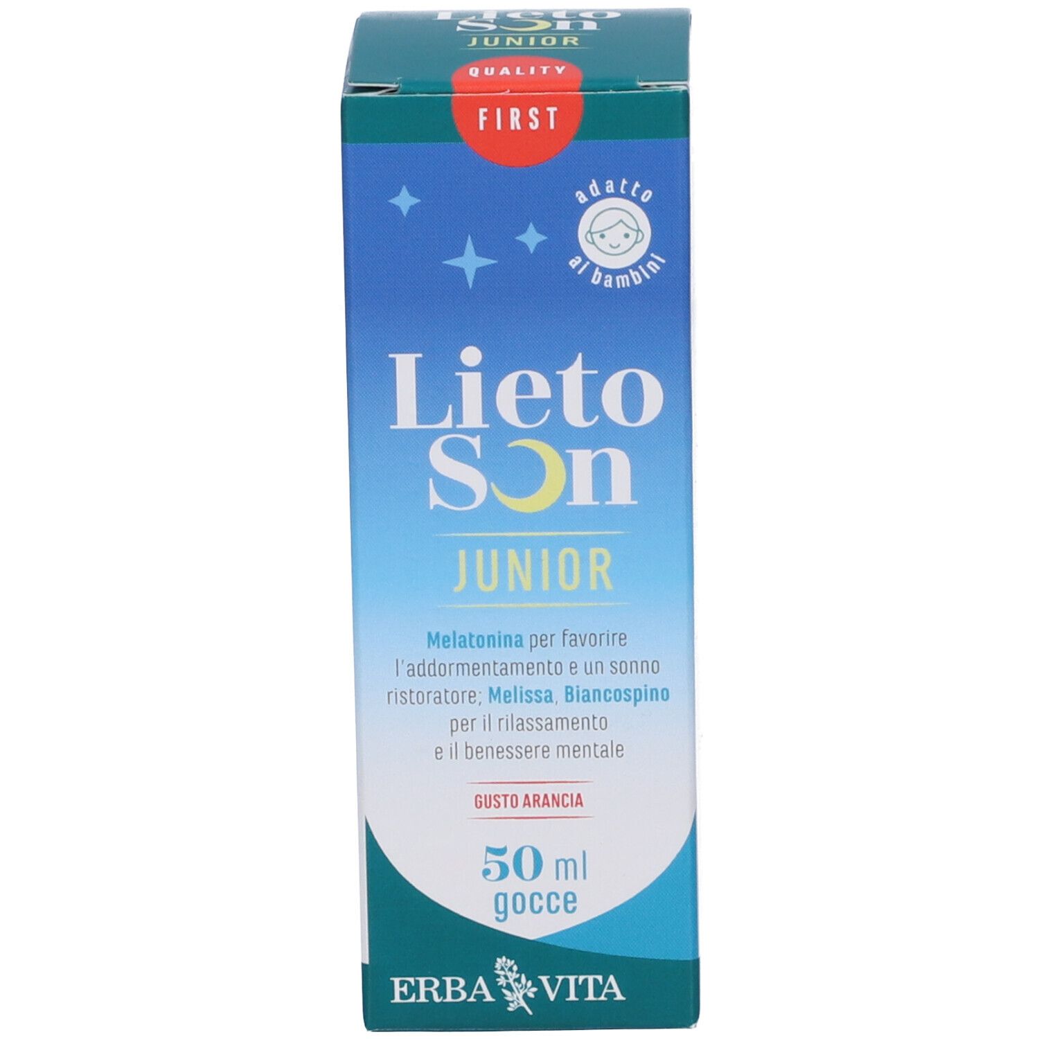 Confezione di LietoSon Junior. Marchio Erba Vita. Testo e logo. Adatto ai bambini.