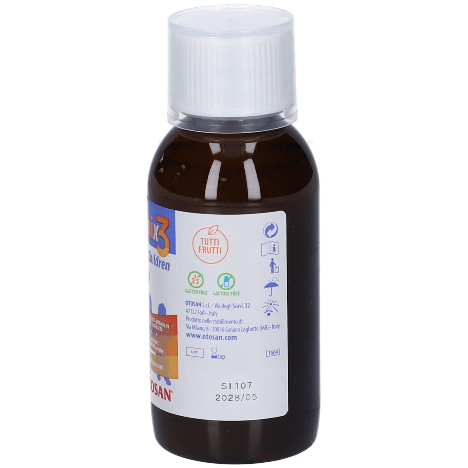 Bottiglia di liquido marrone con tappo bianco. Etichetta con informazioni sul prodotto, loghi e data di scadenza.