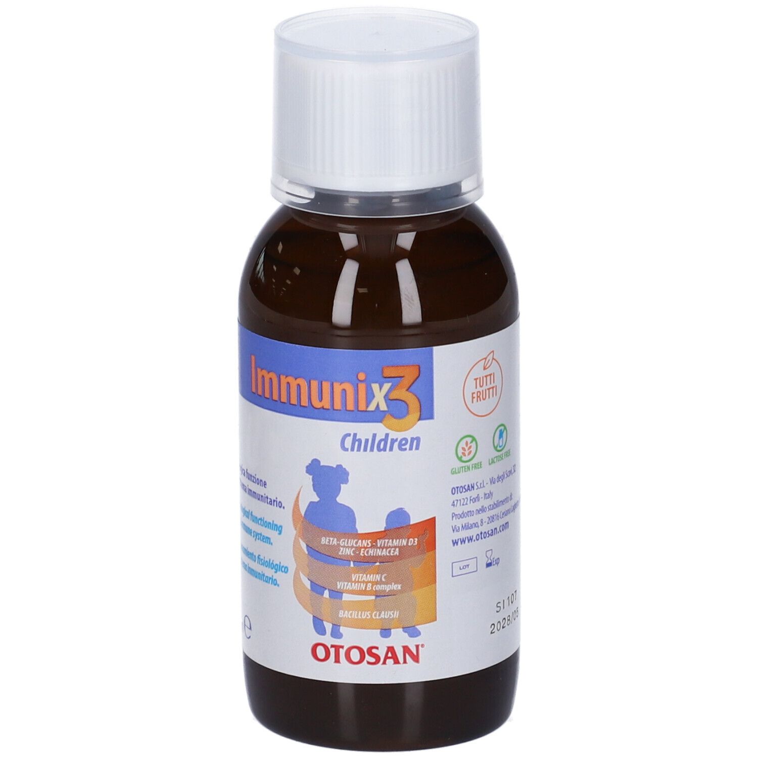 Bottiglia di liquido marrone con tappo bianco. Etichetta con nome prodotto, loghi e ingredienti.