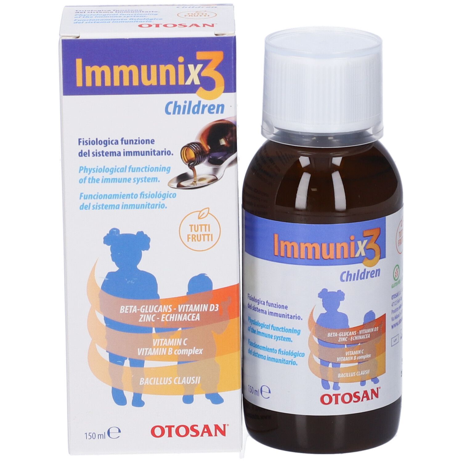 Bottiglia e confezione del prodotto. Bottiglia di liquido marrone con tappo bianco. Confezione con nome del prodotto.