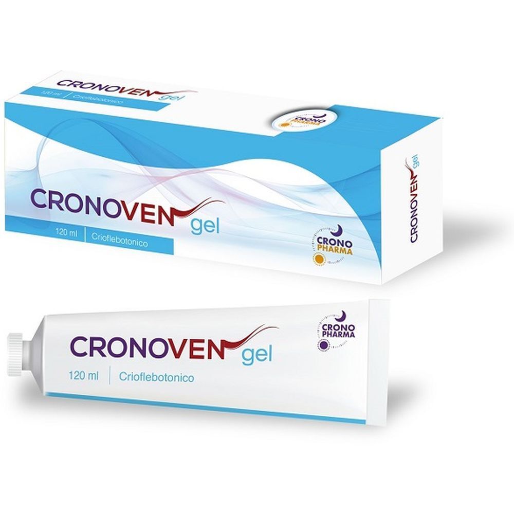 Tubo e scatola bianchi con nome prodotto Cronoven gel. Accenti blu e rossi. 120 ml. Criflebotonico.