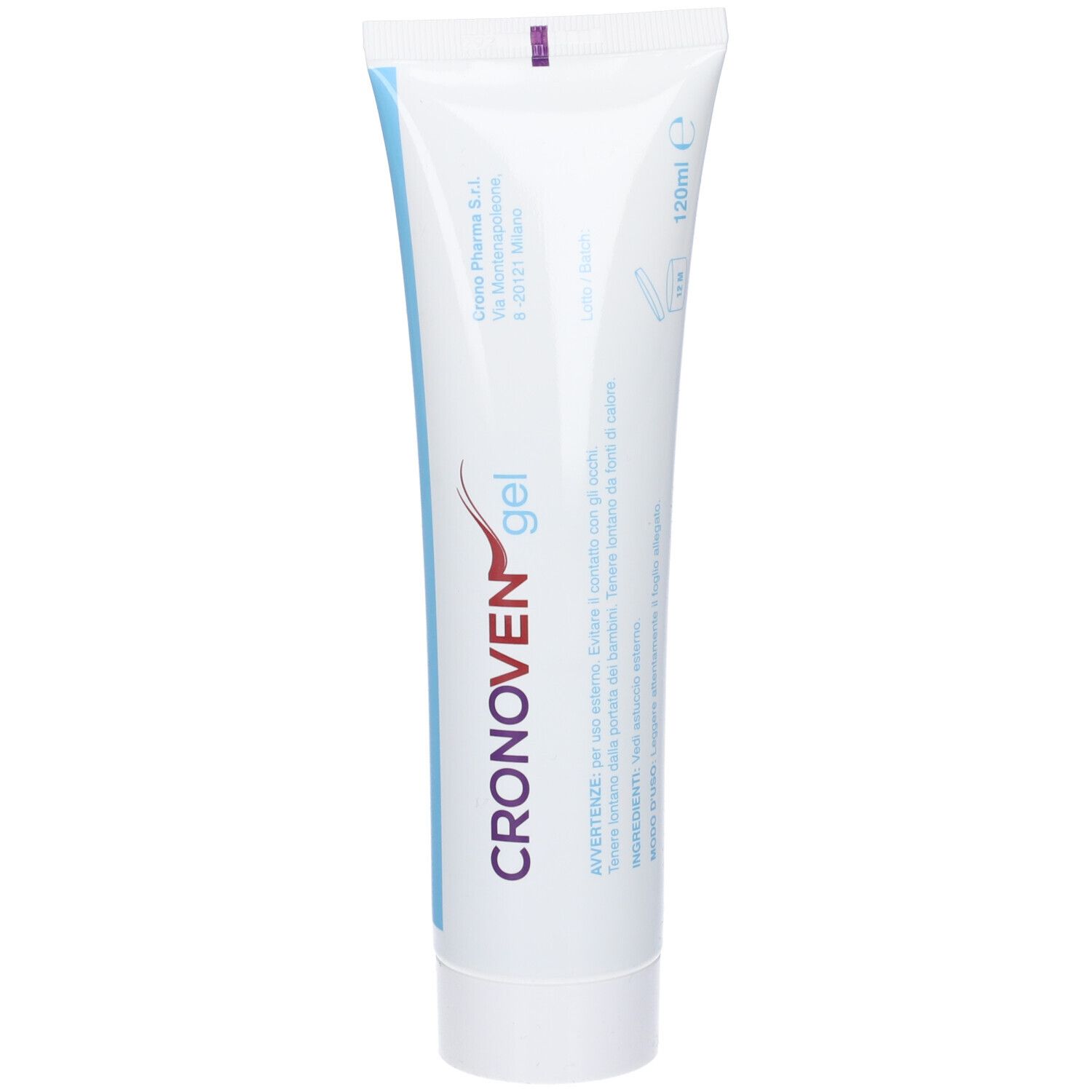Tubo bianco con nome prodotto Cronoven gel. Accenti blu e rossi. 120 ml. Criflebotonico.