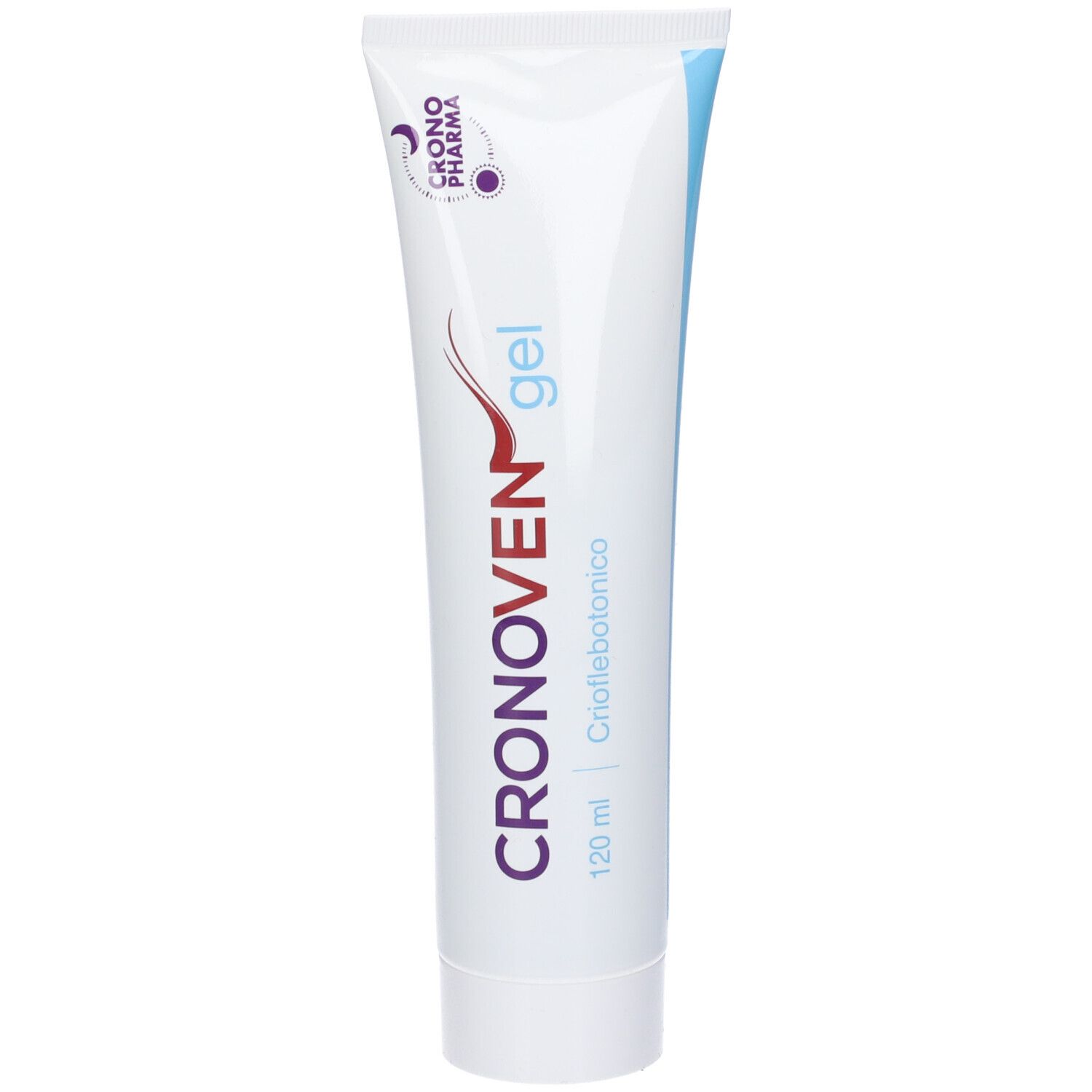 Tubo bianco con nome prodotto Cronoven gel. Accenti blu e rossi. 120 ml. Criflebotonico.