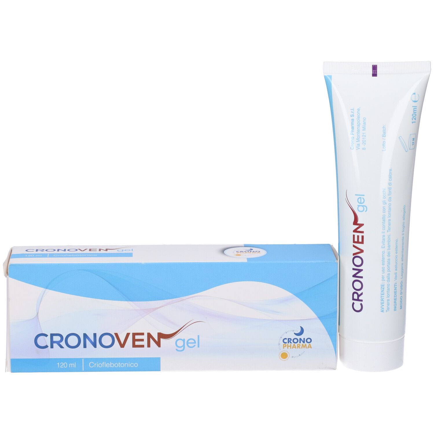 Tubo e scatola bianchi con nome prodotto Cronoven gel. Accenti blu e rossi. 120 ml. Criflebotonico.