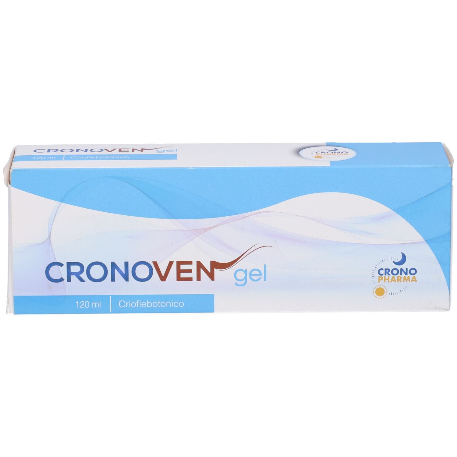 Scatola bianca con nome prodotto Cronoven gel. Accenti blu e rossi. 120 ml. Criflebotonico.
