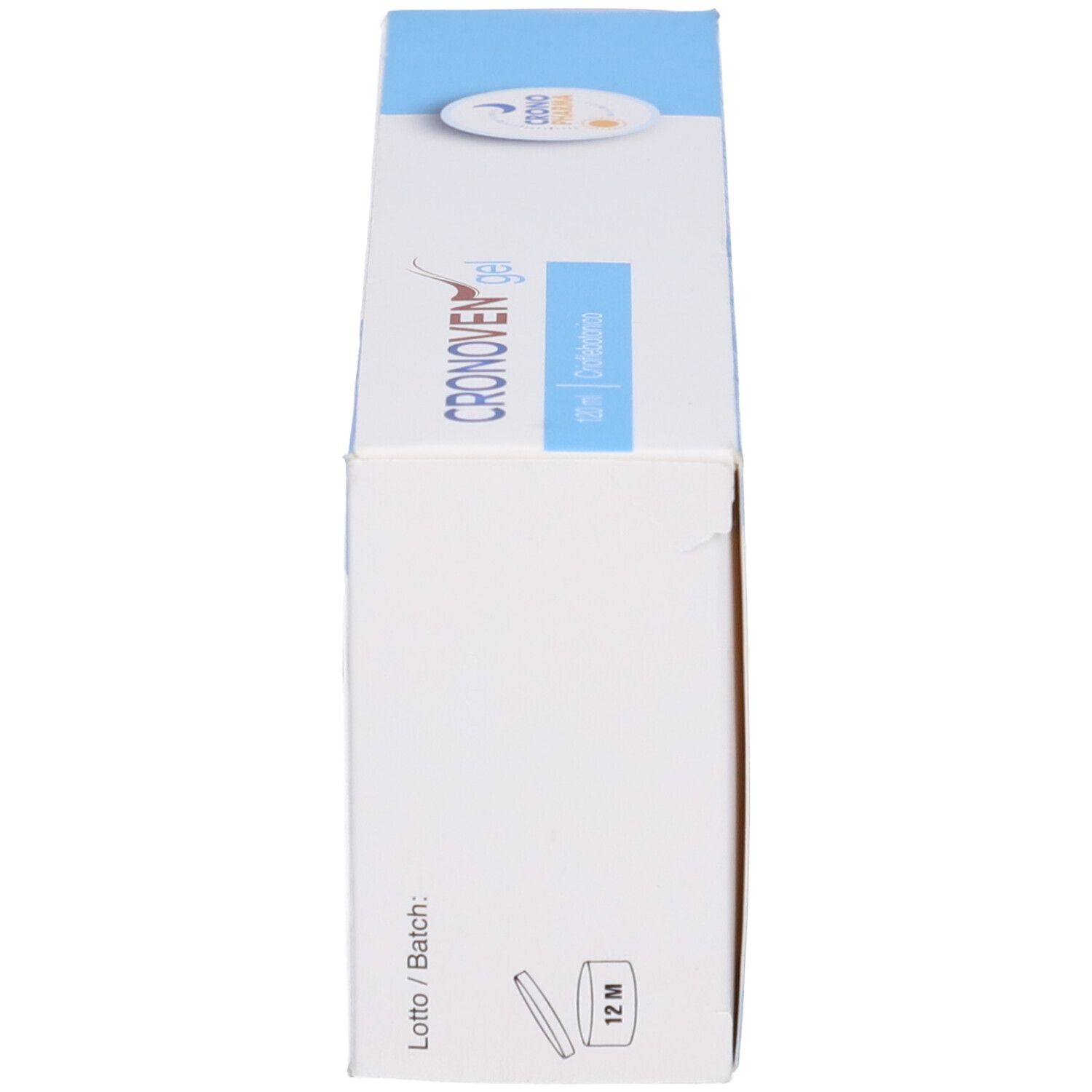 Vista laterale della scatola bianca con nome prodotto Cronoven gel. Accenti blu e rossi. 120 ml. Criflebotonico.