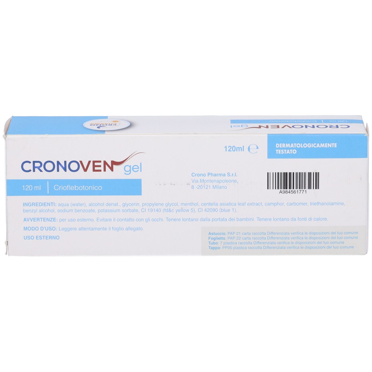 Retro della scatola bianca con nome prodotto Cronoven gel. Accenti blu e rossi. 120 ml. Criflebotonico.
