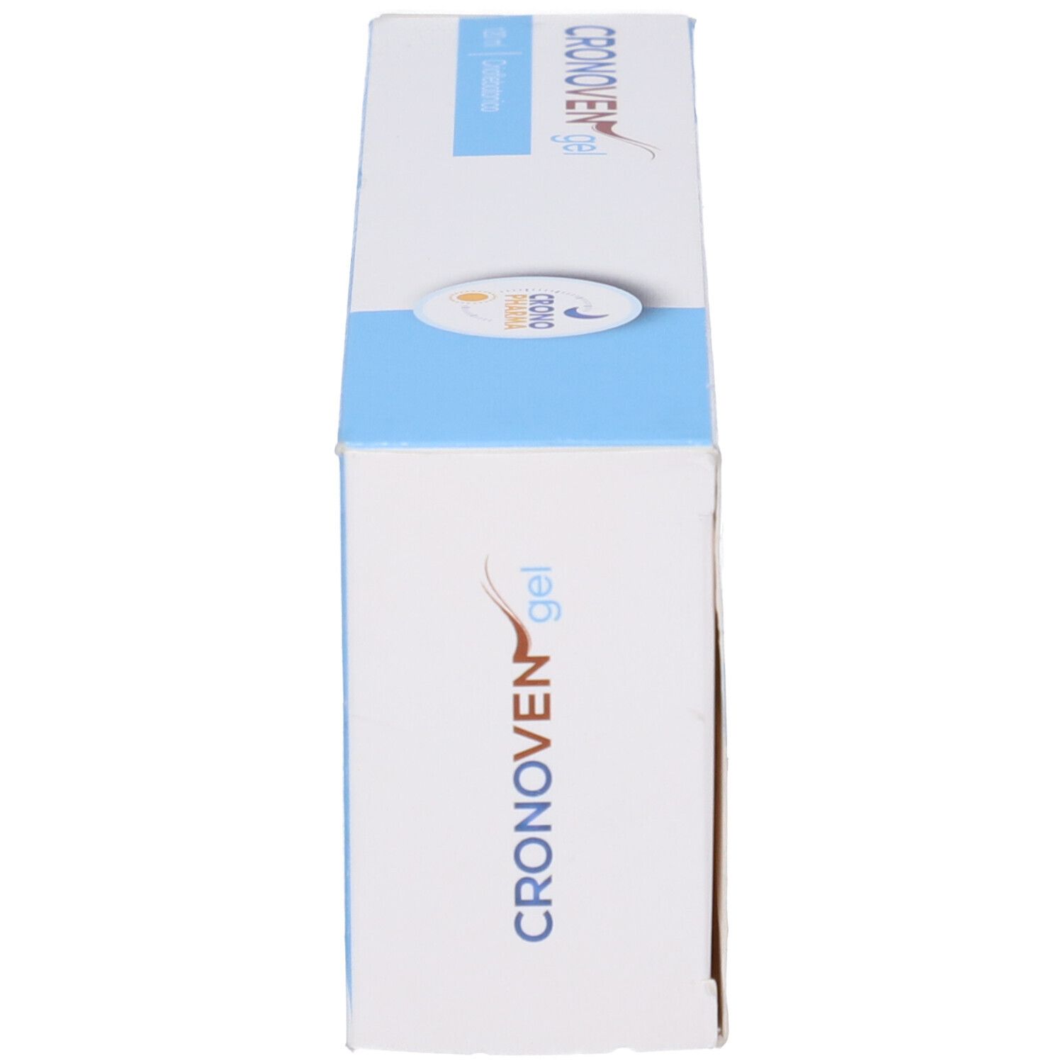 Vista laterale della scatola bianca con nome prodotto Cronoven gel. Accenti blu e rossi. 120 ml. Criflebotonico.