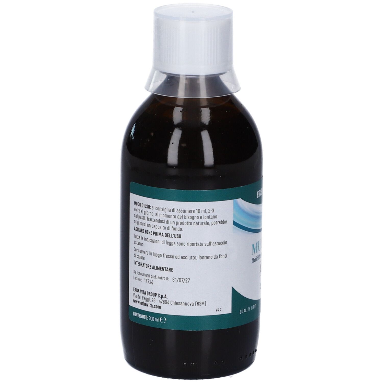 Erba Vita Muco.Vit Fluido Adulti, bottiglia. Retro con testo. Scritta: Muco.Vit, Adulti, 200 ml.