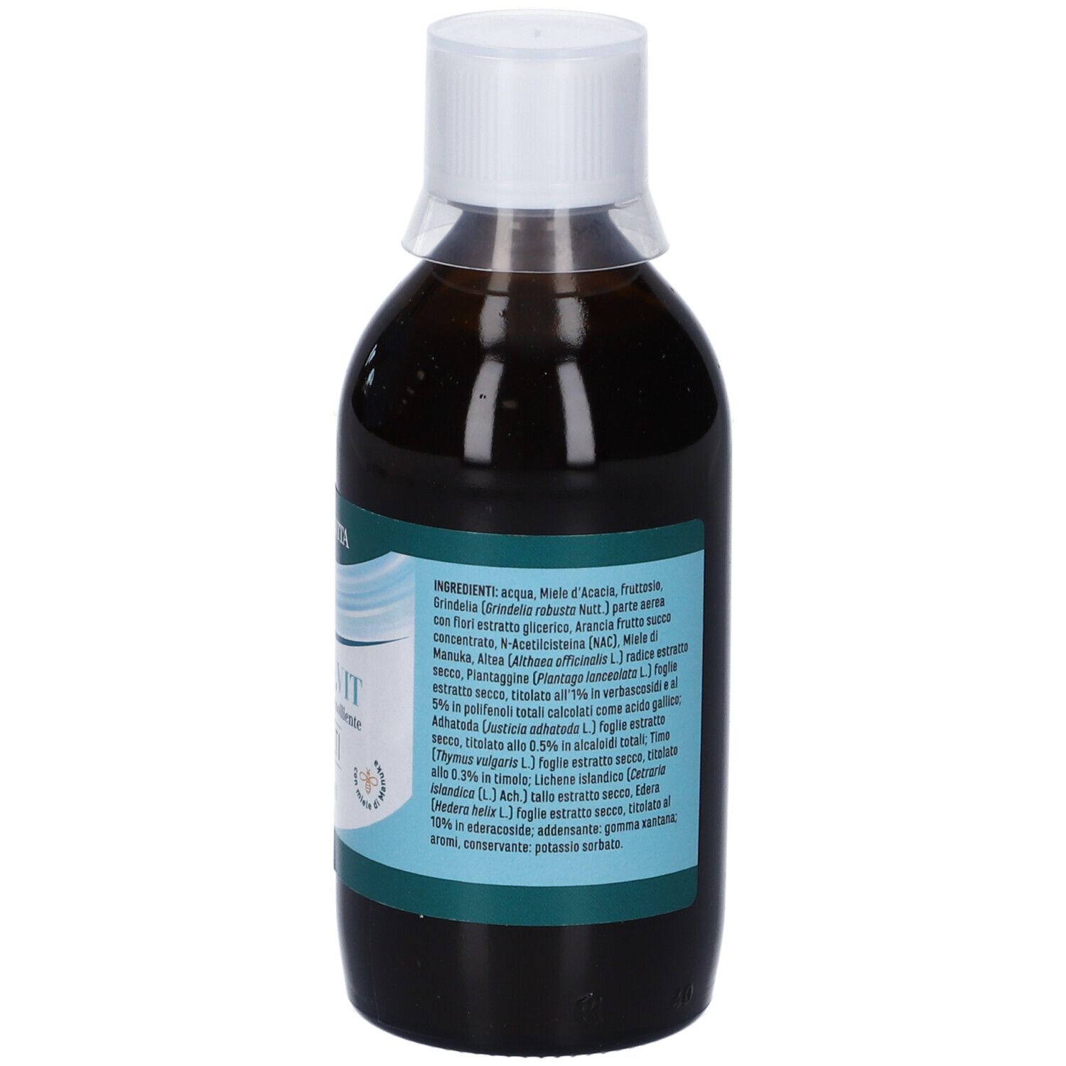 Erba Vita Muco.Vit Fluido Adulti, bottiglia. Retro con testo. Scritta: Muco.Vit, Adulti, 200 ml.