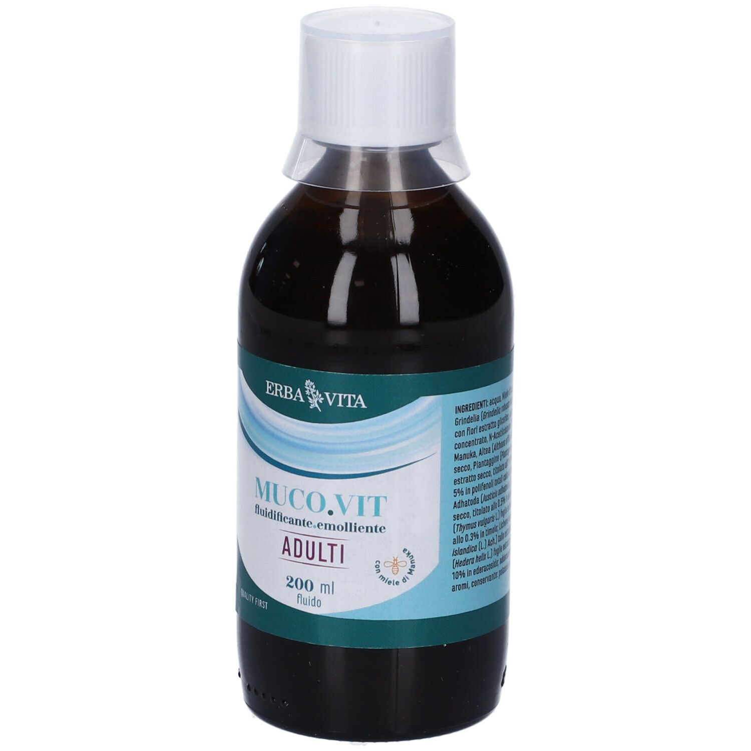 Erba Vita Muco.Vit Fluido Adulti, bottiglia. Retro con testo. Scritta: Muco.Vit, Adulti, 200 ml.