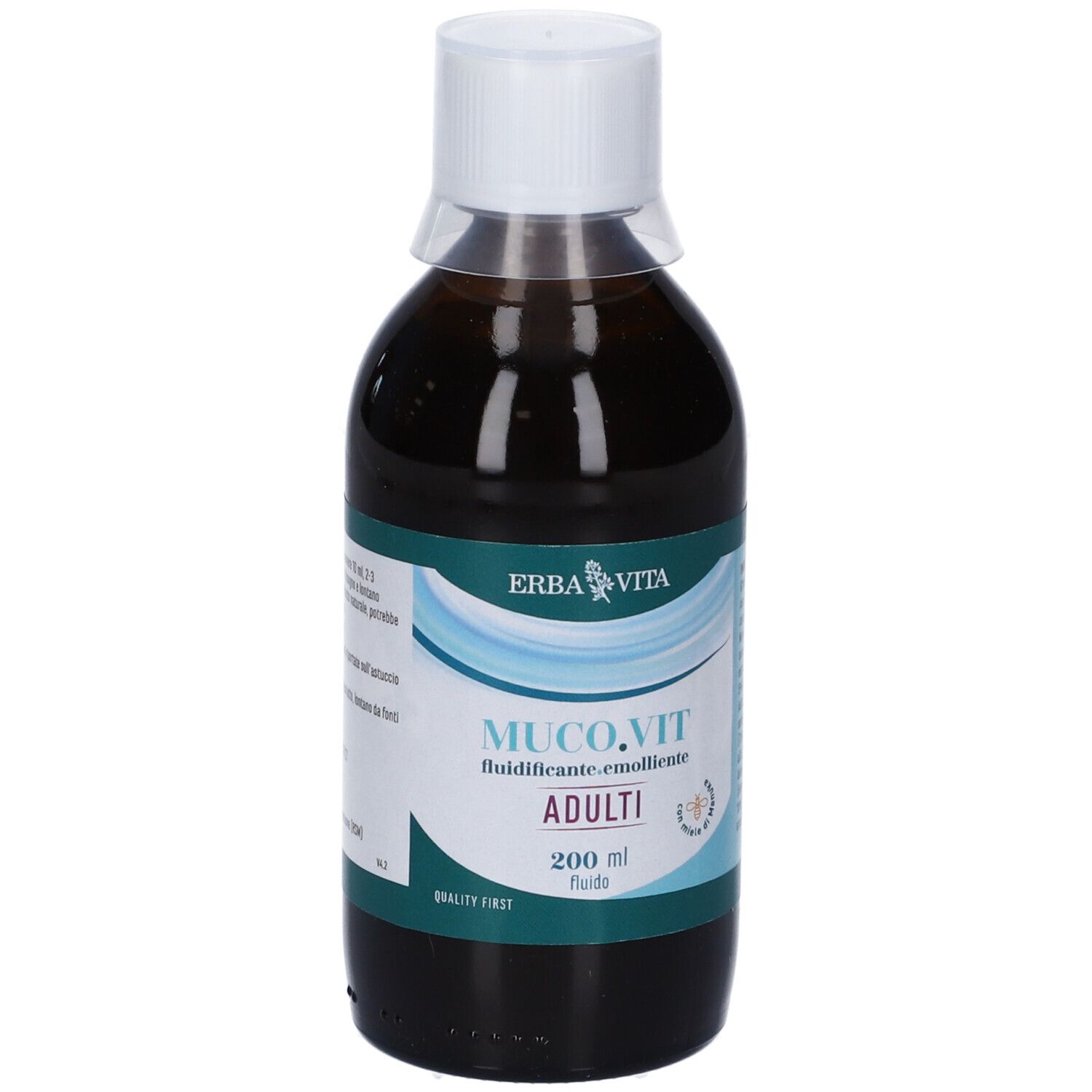 Erba Vita Muco.Vit Fluido Adulti, bottiglia. Scritta: Muco.Vit, Adulti, 200 ml.
