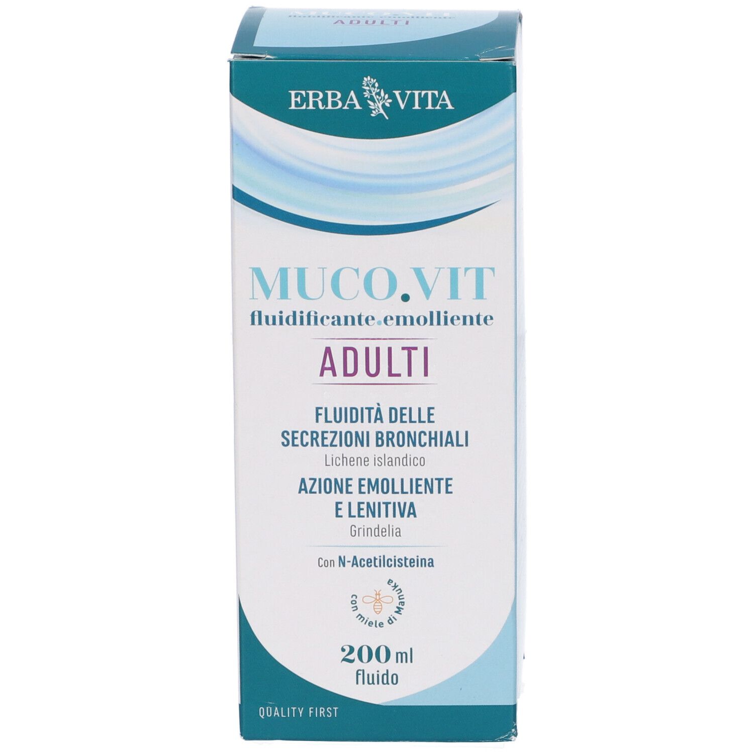 Erba Vita Muco.Vit Fluido Adulti, confezione. Scritta: Muco.Vit, Adulti, 200 ml.