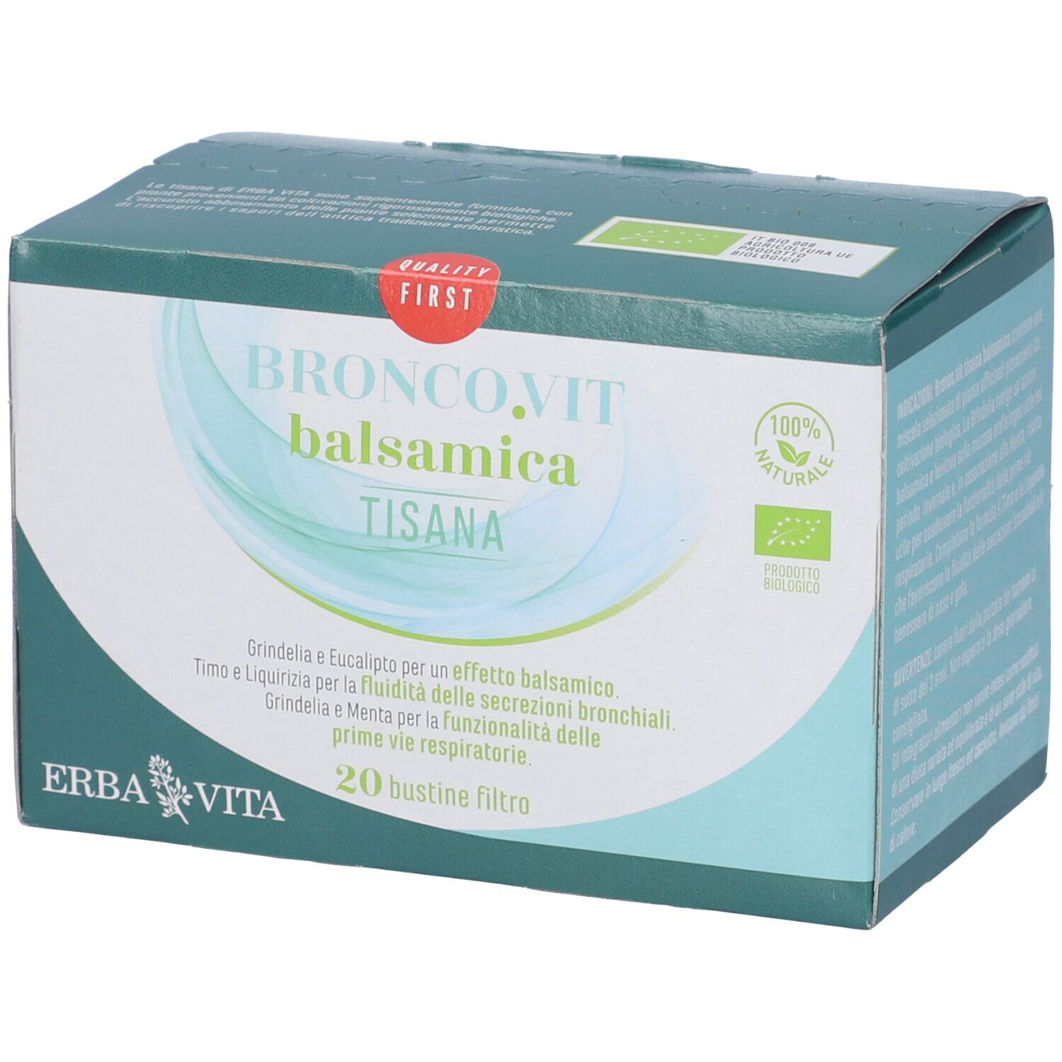 Confezione Erba Vita Bronco.Vit Balsamica Tisana. Scatola verde e bianca. Nome, logo e 20 bustine filtro.