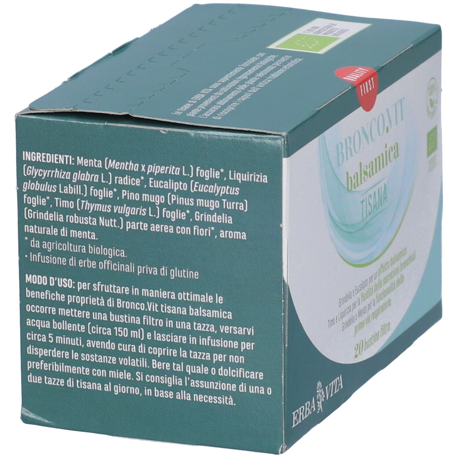 Confezione Erba Vita Bronco.Vit Balsamica Tisana. Ingredienti e istruzioni. Logo e 20 bustine filtro.
