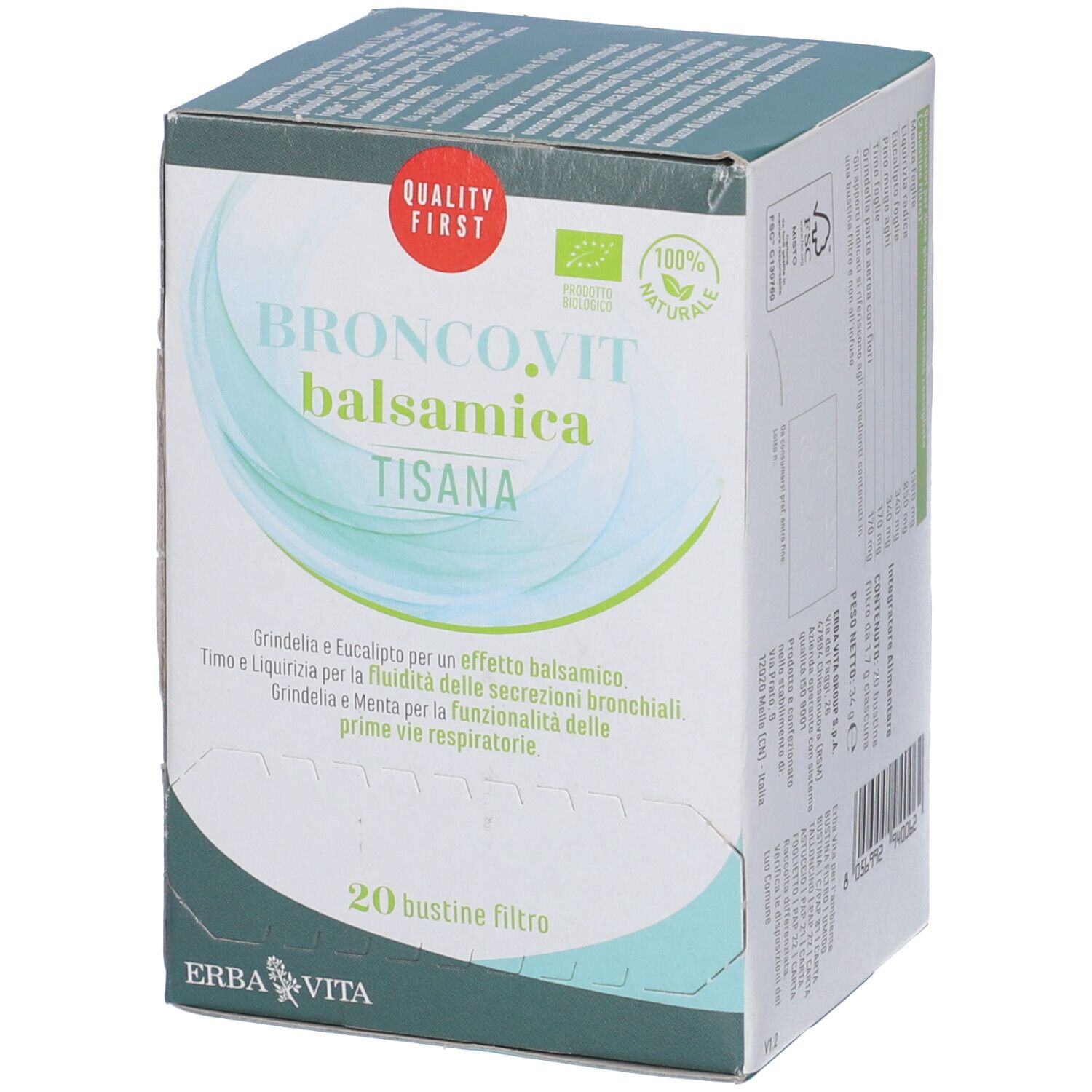 Confezione Erba Vita Bronco.Vit Balsamica Tisana. Scatola verde e bianca. Nome, logo e 20 bustine filtro.