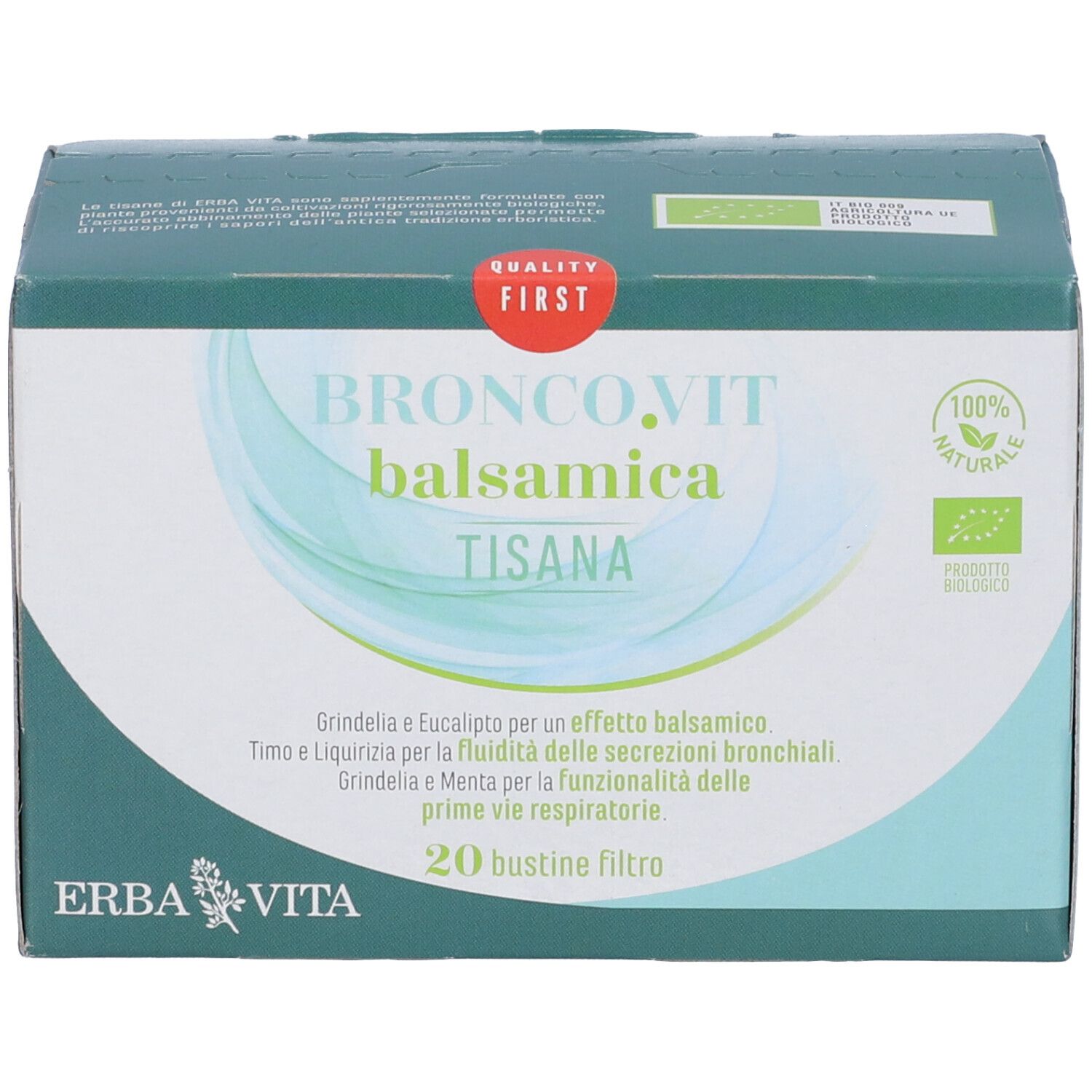 Confezione Erba Vita Bronco.Vit Balsamica Tisana. Vista dall'alto. Nome, logo e 20 bustine filtro.