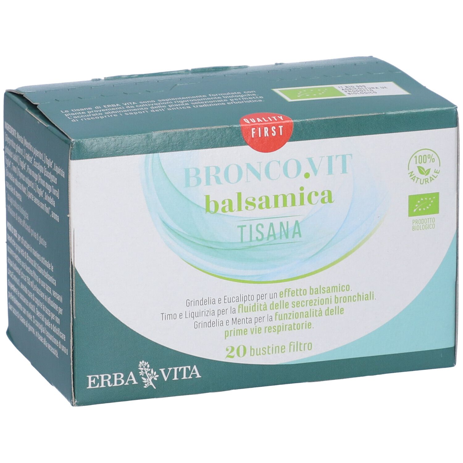 Confezione Erba Vita Bronco.Vit Balsamica Tisana. Vista obliqua. Nome, logo e 20 bustine filtro.