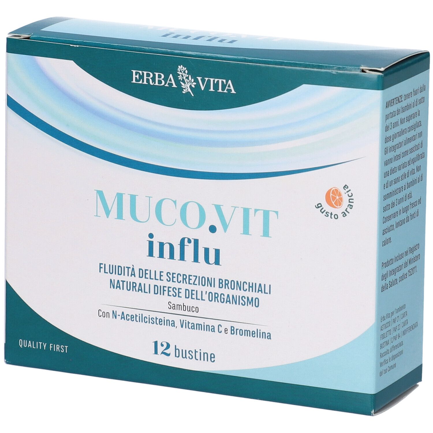 Scatola di Muco.Vit Influ, 12 bustine. Marchio Erba Vita. Confezione blu e bianca, testo in italiano.