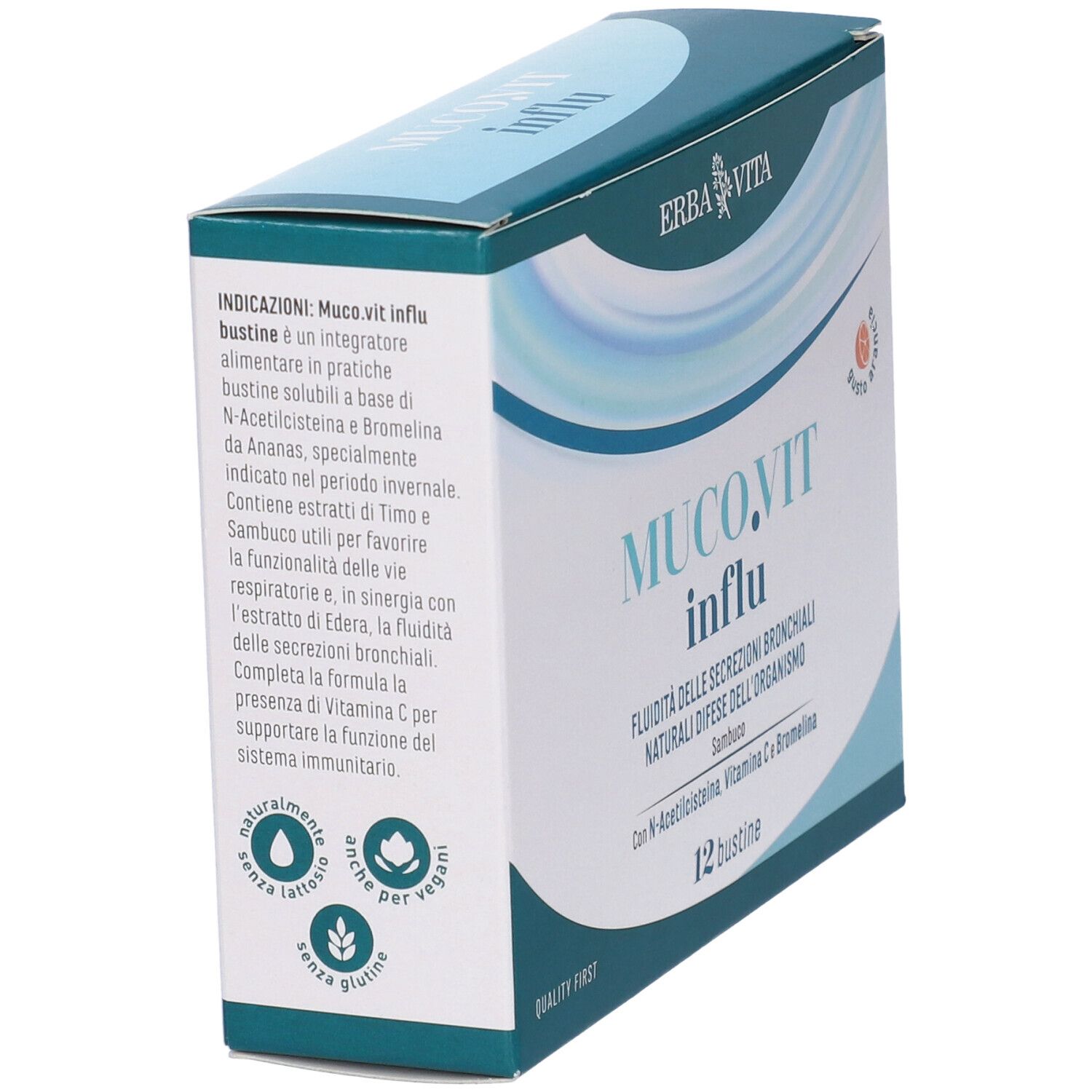 Scatola di Muco.Vit Influ, 12 bustine. Marchio Erba Vita. Confezione blu e bianca, testo in italiano.