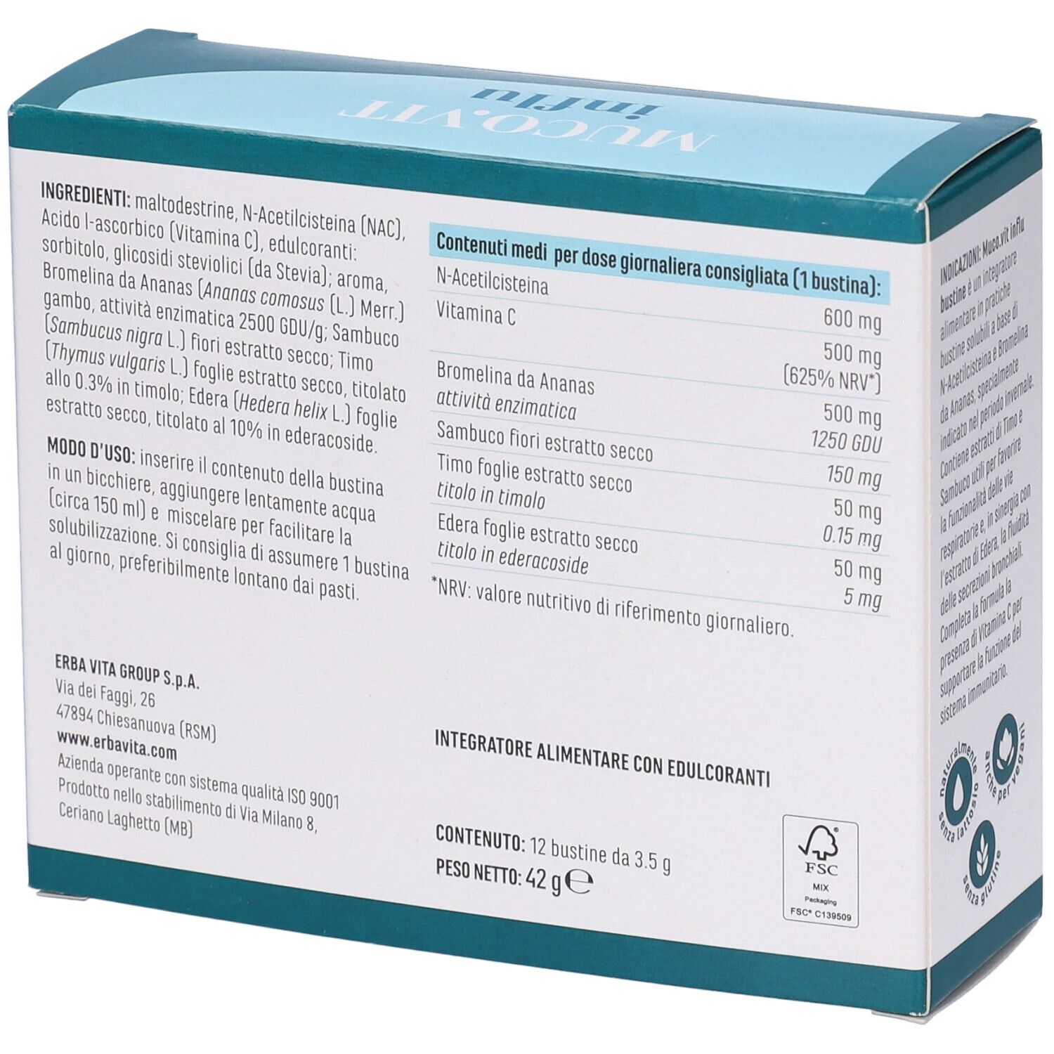 Retro della confezione di Muco.Vit Influ. Contiene ingredienti, istruzioni per l'uso e informazioni nutrizionali.
