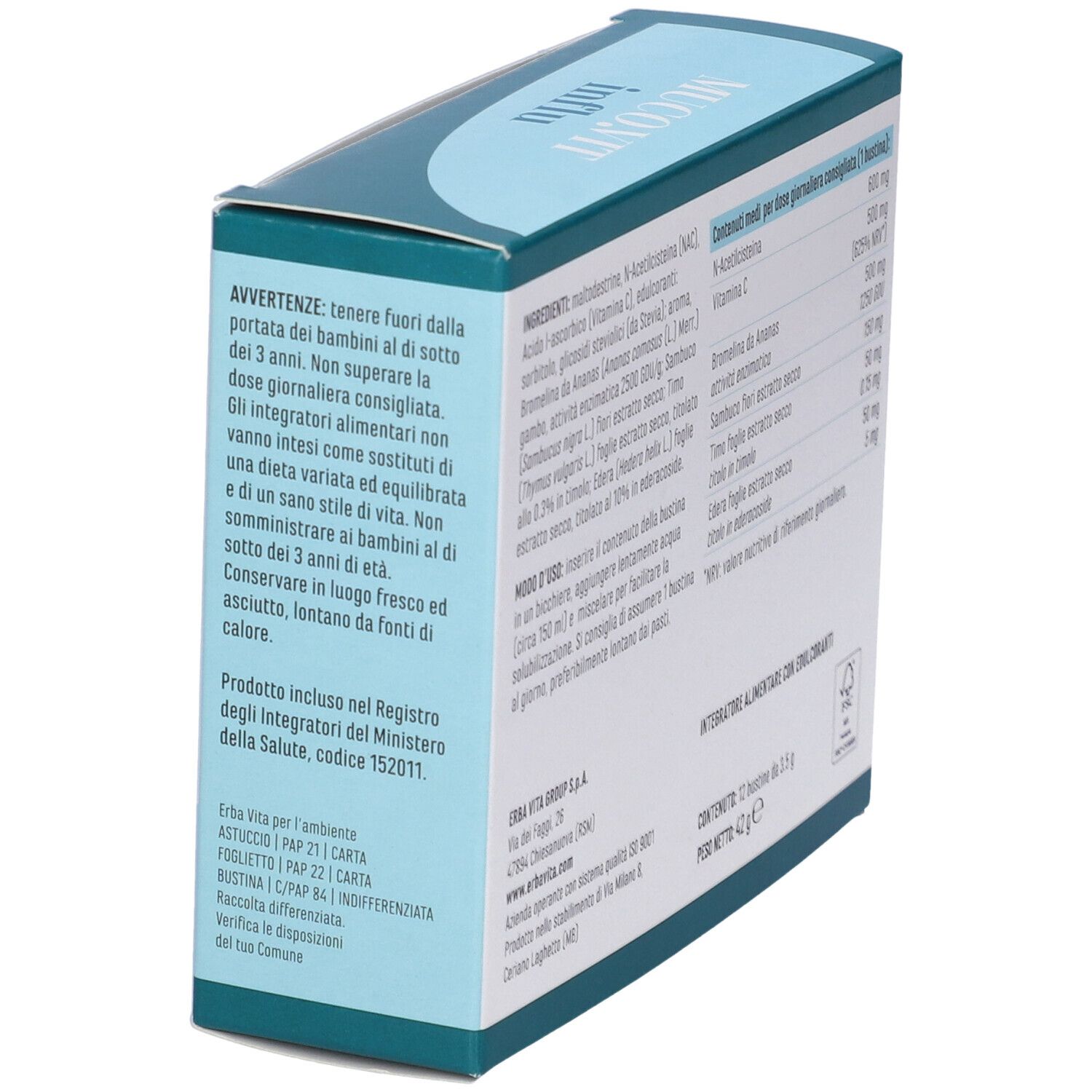 Vista laterale della confezione di Muco.Vit Influ. Contiene avvertenze e ingredienti.