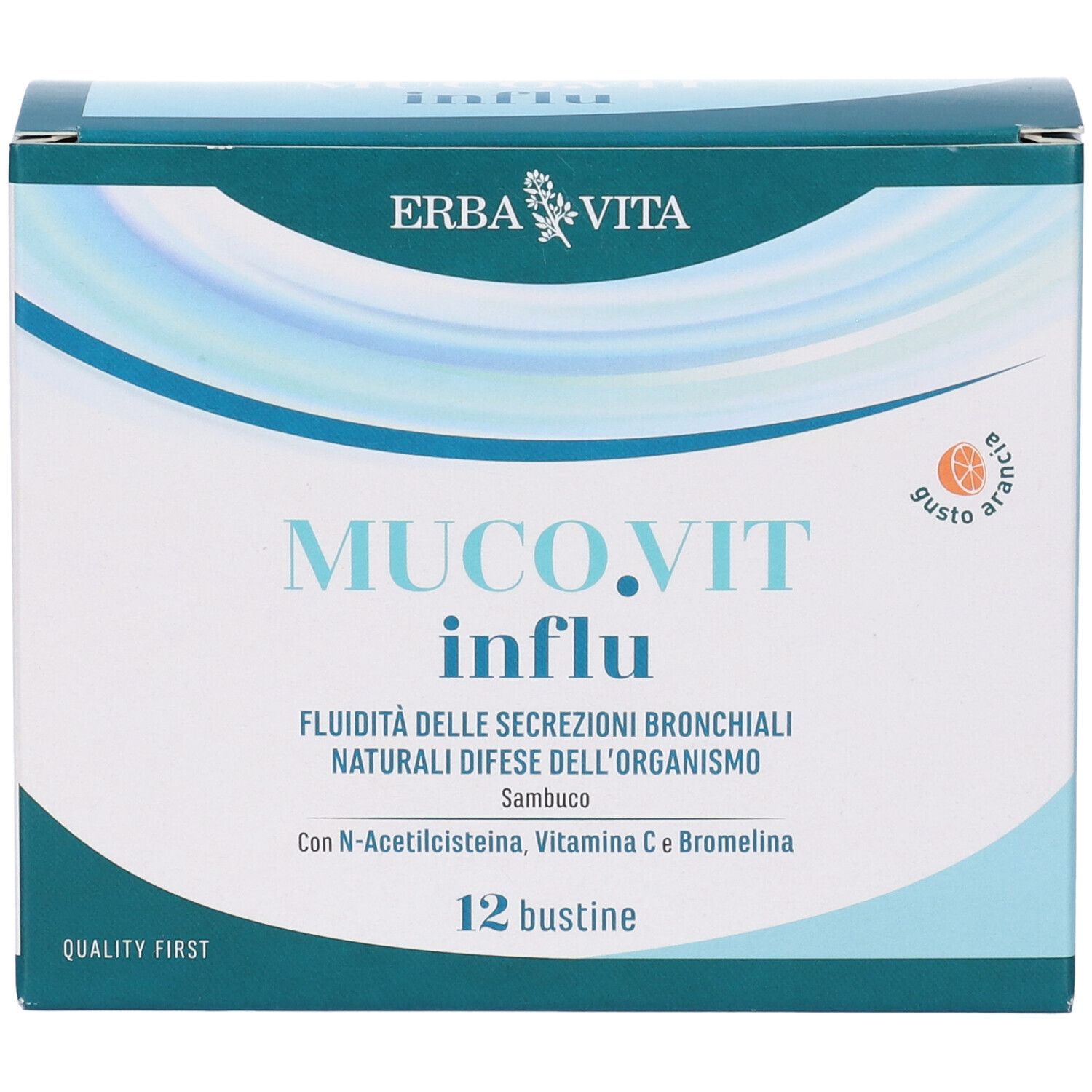 Scatola di Muco.Vit Influ, 12 bustine. Marchio Erba Vita. Confezione blu e bianca, testo in italiano.