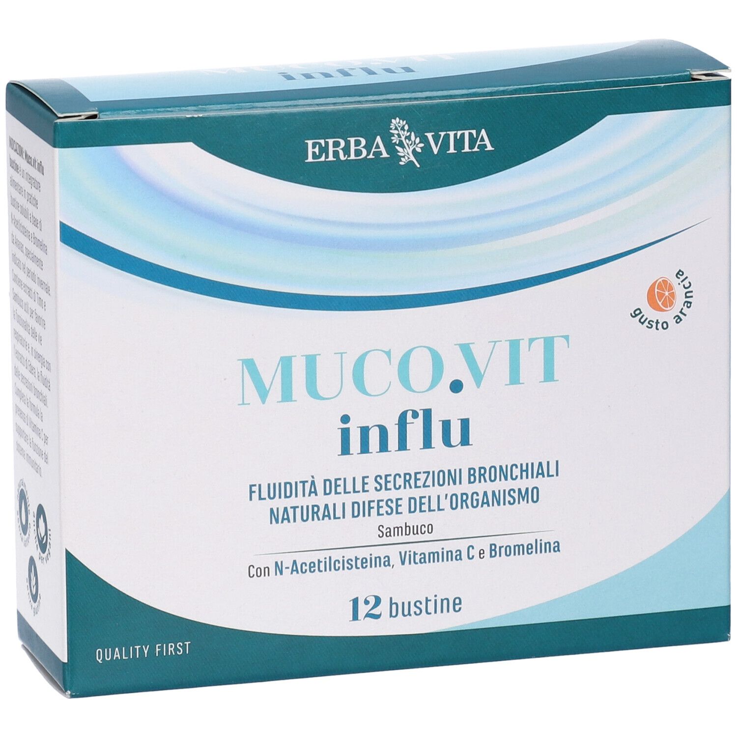 Scatola di Muco.Vit Influ, 12 bustine. Marchio Erba Vita. Confezione blu e bianca, testo in italiano.