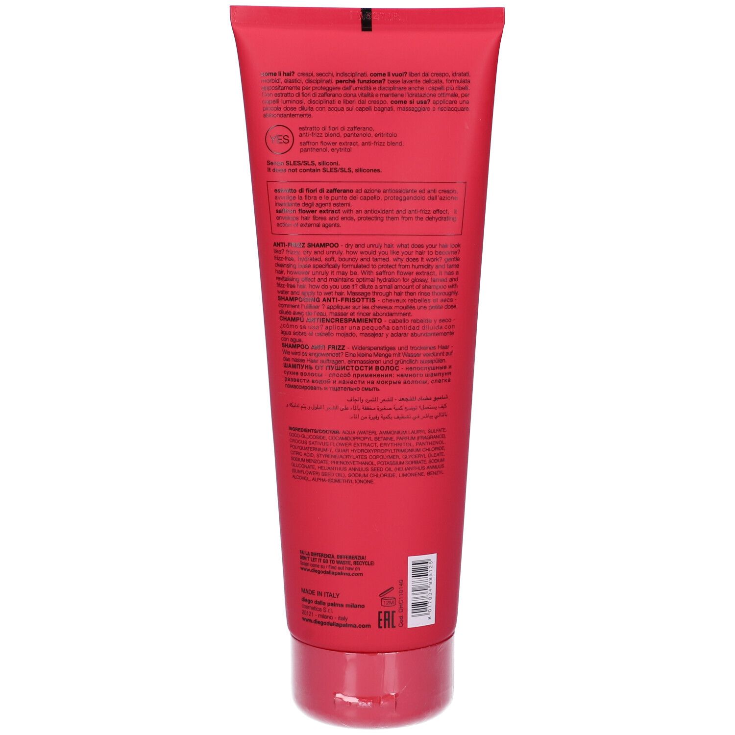 Retro del tubo rosso. Testo multilingue. Codice a barre e informazioni del produttore.