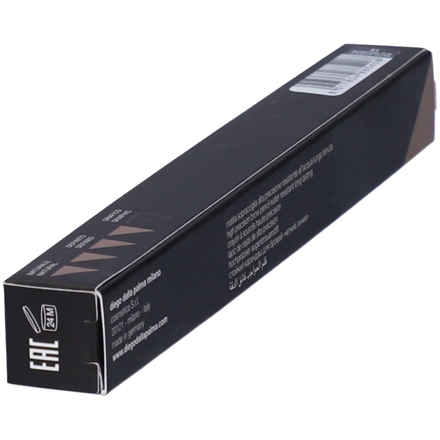 Confezione nera, vista obliqua. Testo: nome prodotto, informazioni produttore. Scritto: Diego dalla Palma.