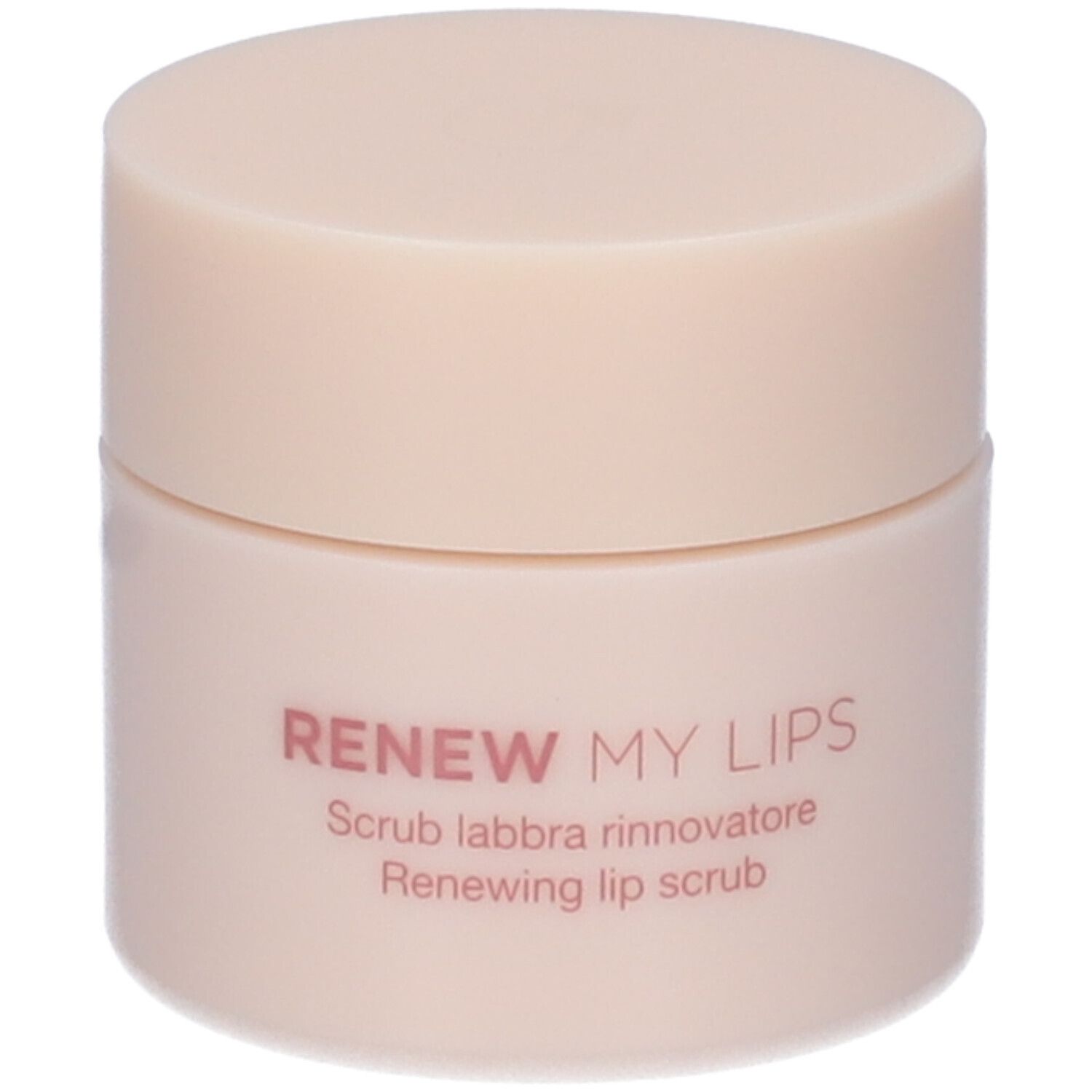 Vasetto beige con coperchio. Scritta: Renew My Lips, Scrub Labbra Rinnovatore, Renewing lip scrub.
