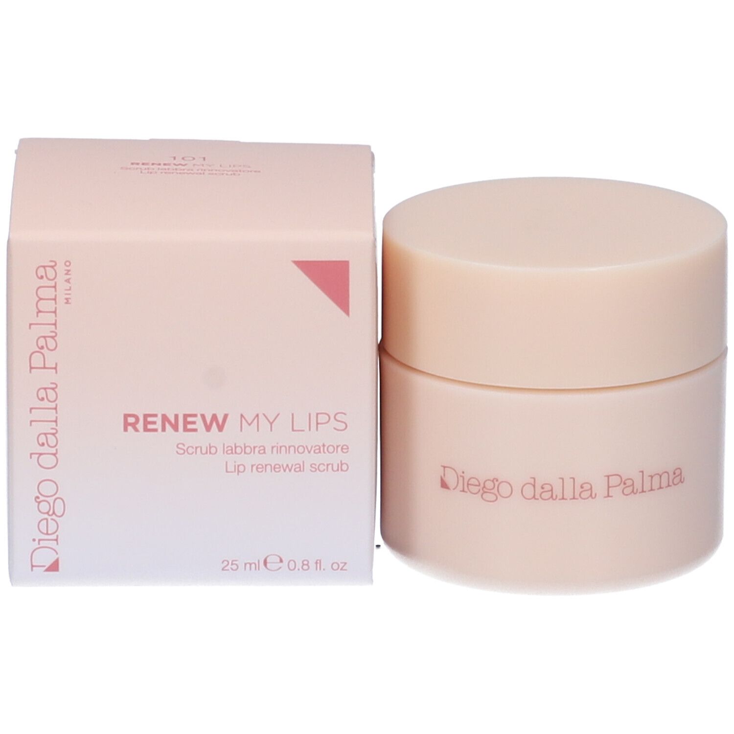 Prodotto e confezione. Vasetto e scatola. Scritta: Renew My Lips, Diego dalla Palma.