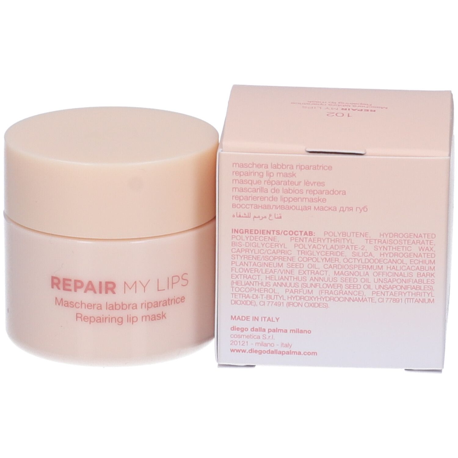 Vaso e scatola rosa. Scritto: Repair My Lips, Maschera labbra riparatrice, ingredienti, Diego Dalla Palma.