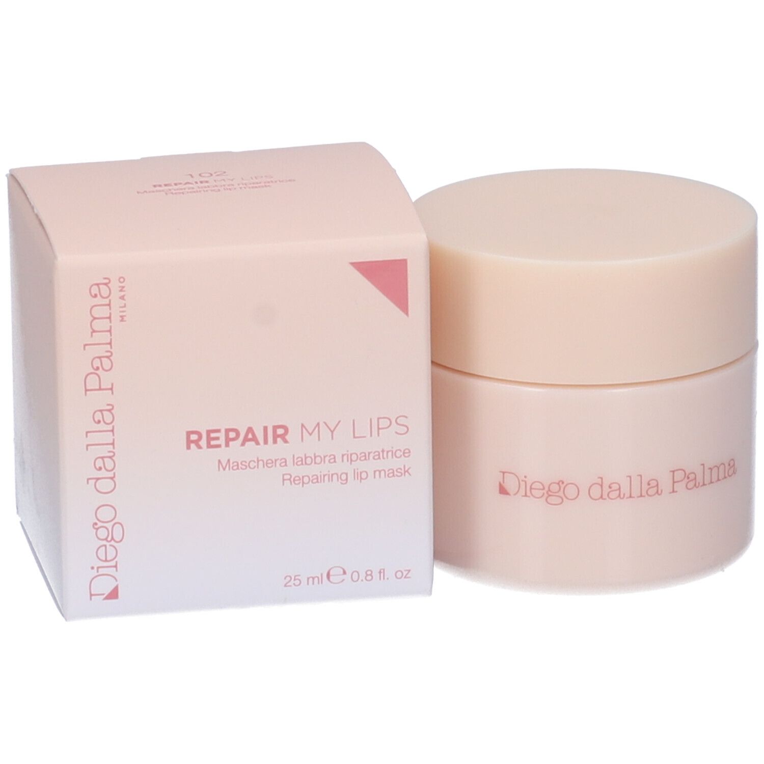 Vaso e scatola rosa. Scritto: Repair My Lips, Maschera labbra riparatrice, Diego Dalla Palma.