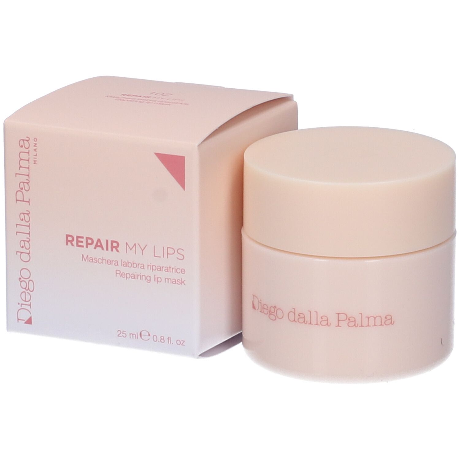 Vaso e scatola rosa. Scritto: Repair My Lips, Maschera labbra riparatrice, Diego Dalla Palma.